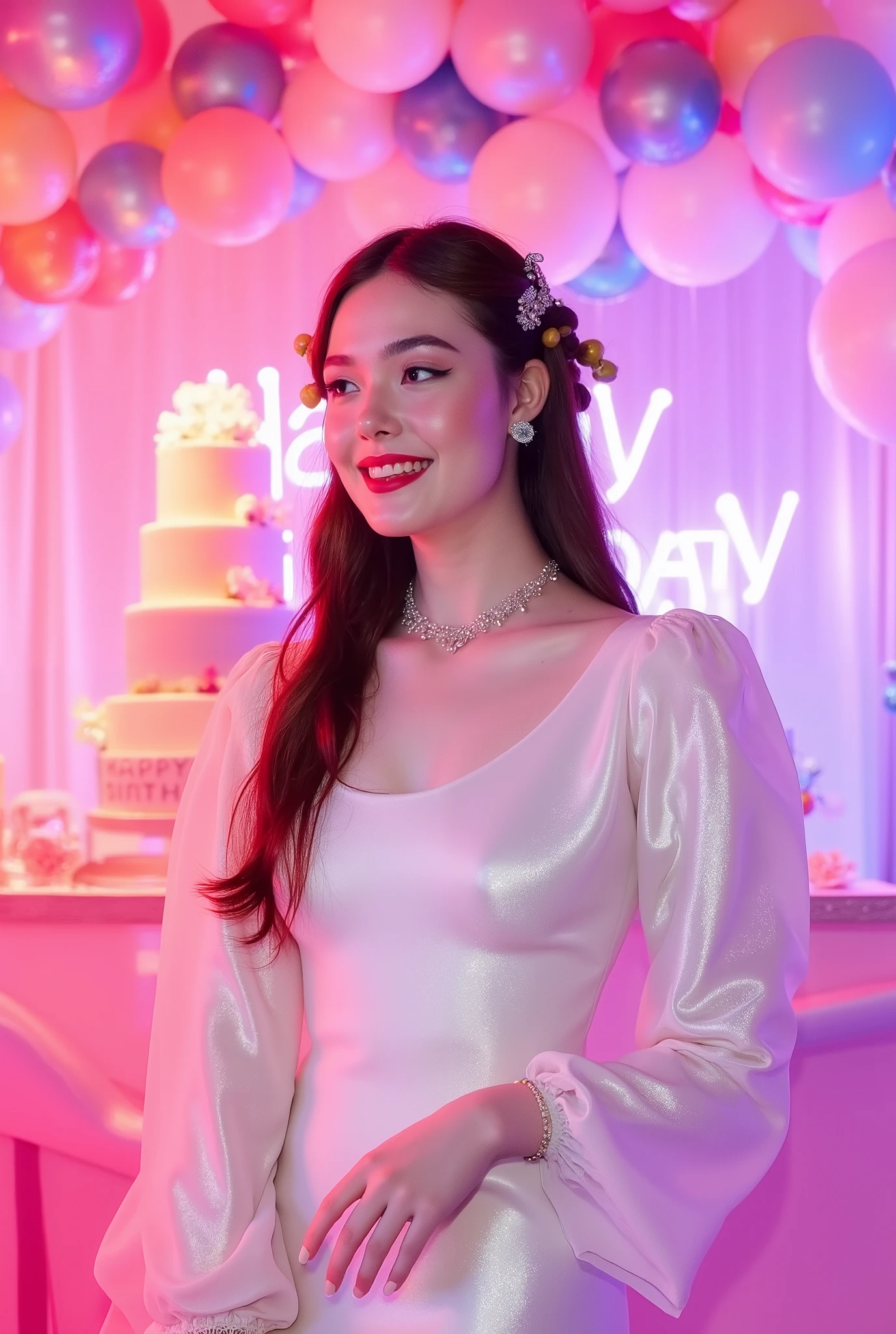 a tall girl with beautiful korean face, pale skin, red lips, a bit smile, wearing white luxury shining shimmering long sleeves dress with accessories on dress. hair chignon style brown hair with accessories pendant necklace. background neon pink fuschia and white HAPPY BIRTHDAY wording with balloons and 3 tier cake. lightning on face. daïs background