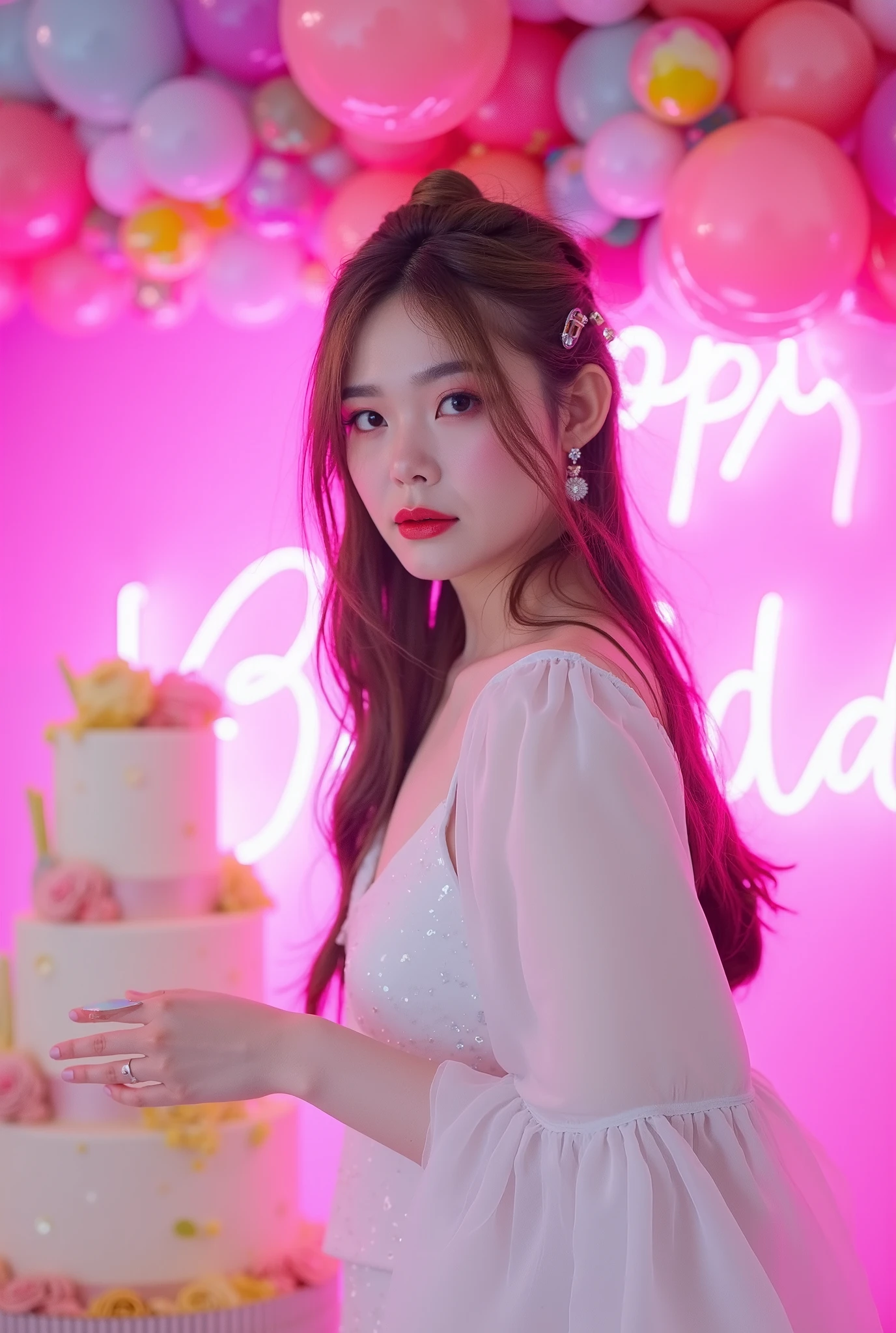 a tall girl with beautiful korean face, pale skin, red lips, a bit smile, wearing white luxury shining shimmering long sleeves dress with accessories on dress. hair chignon style brown hair with accessories pendant necklace. background neon pink fuschia and white HAPPY BIRTHDAY wording with balloons and 3 tier cake. lightning on face. daïs background