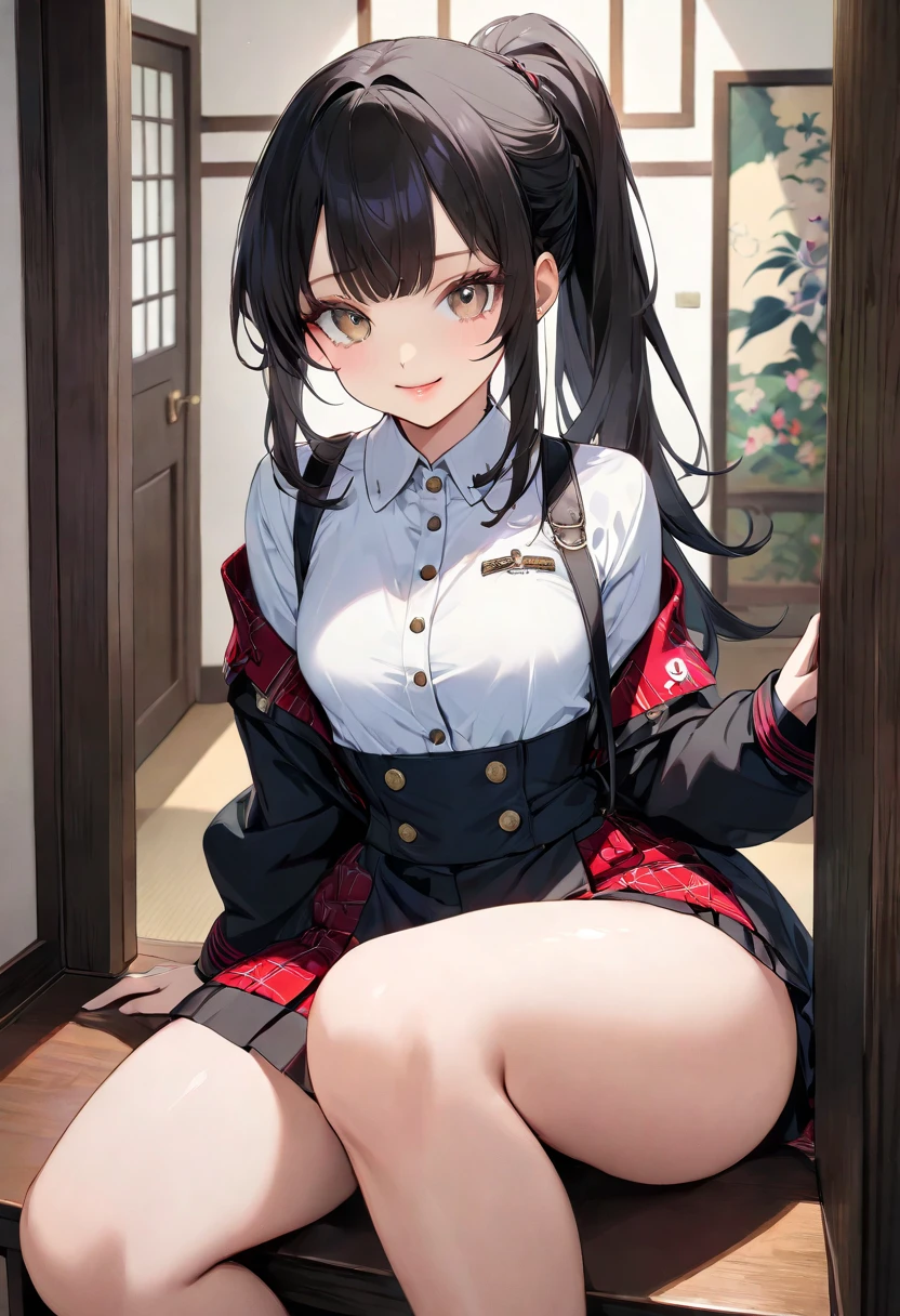 One girl in a mini skirt, Squat with your legs wide apart、Looking down at the viewer, Twin tails, Highest quality, Focus on the thighs, Dynamic pose, smile, blazer, blouse, Black Pantyhose, panties under pantyhose, , classroom, Black Hair,My thighs are steaming between the legs 