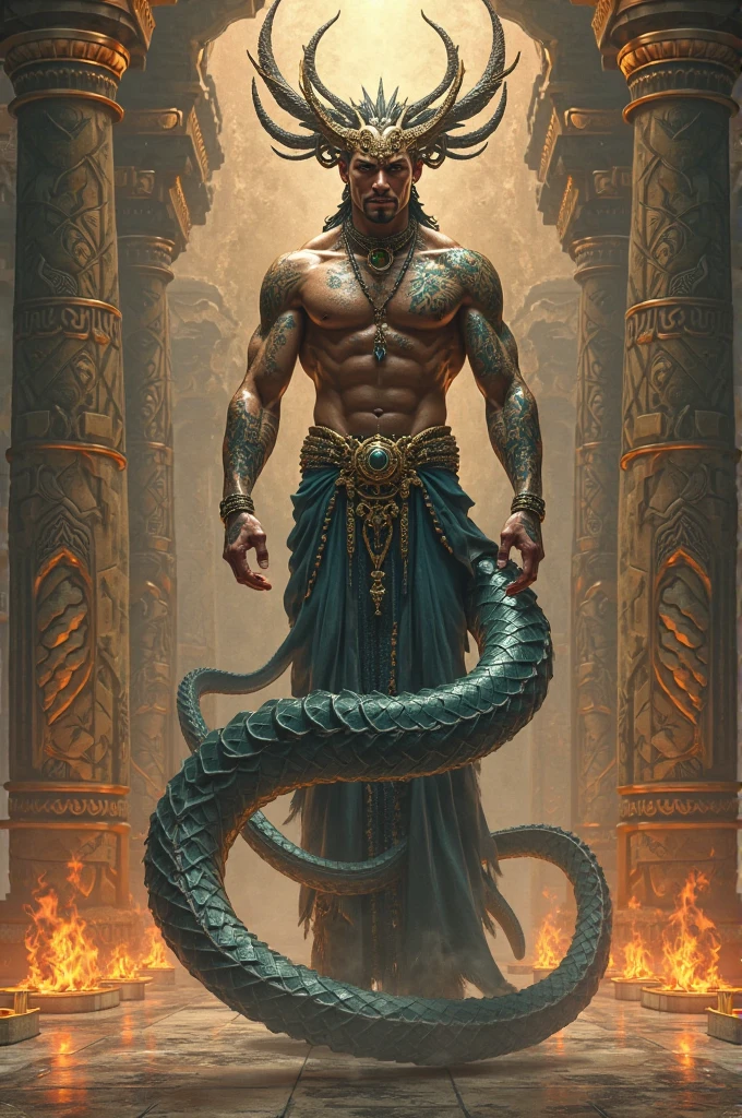 A man with a golden skin and the green eyes and long dark gray hair and the crown in the form of a cobra snake