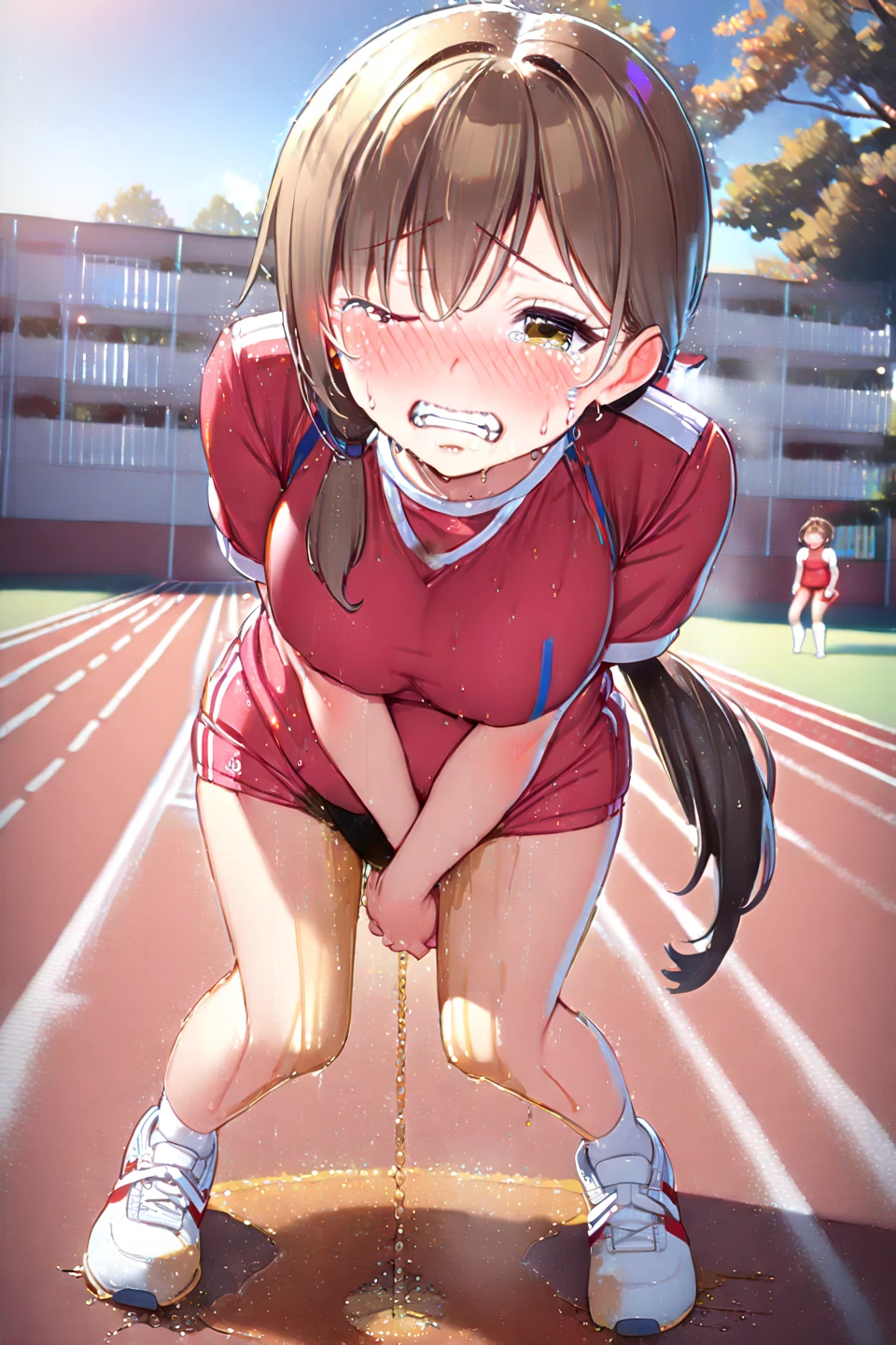 Flat chest, boyish woman, dark hair, showing sides, (((armpit hair))), pubic hair, shame, nudity, staring, school, ponytail, full body image, collar, blushing cheeks, teary eyes, crouching, masturbation with dildo on floor