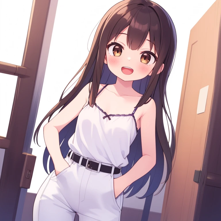 Girl, (light brown hair:1.5), (black eyes:1.1), (big eyes: 1.1), (sagging eyes: 1.5), (very long hair:1.1), hair between eyes,  (flat chest:1.3), (straight hair), very short, only , droopy eyes,  , (short height:1.8), young face ,  smooth straight hair, locker room, flat chest，curvy, school swimsuit