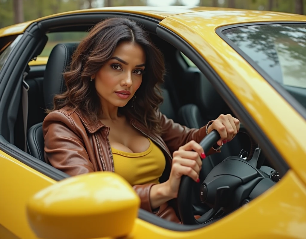 realismo, Mulher loira bonita, cabelo loiro longo, Crescer, sorriso radiante, olhos verdes, Vestida como uma mulher doente, sexy, quente, exuberante, Posicione de costas para a metade, em um carro.