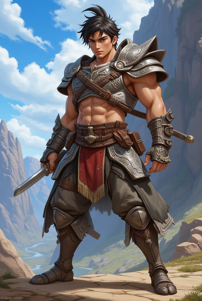 comics style, sharp outlines, (full body:1.2), 1boy, man, handsome, solo, [:creative costume design,:0.2] barbarian, floralwhite (magic chainmail gauntlets:1), japanese, muted brown hair, (solid:1) build<lora:EnvyStarlightComics04x:1>
