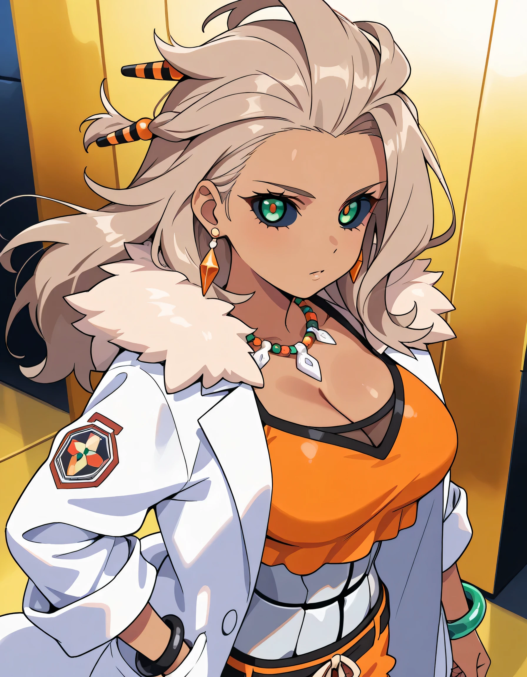 (dynamic angle),(portrait+),(looking at viewer),pmsda, dark-skinned female, long hair, light brown hair, green eyes, hair ornament, large breasts,earrings, necklace, cleavage, orange crop top, fur trim, labcoat, long sleeves, orange shorts, bracelet, necklace, cleavage, orange crop top, sleeveless, orange shorts, bracelet,FOR ROBOT EYES: dark blue sclera, cyan eyes,future labo,(ruin labo background),memorial shot+,Nostalgic scene,