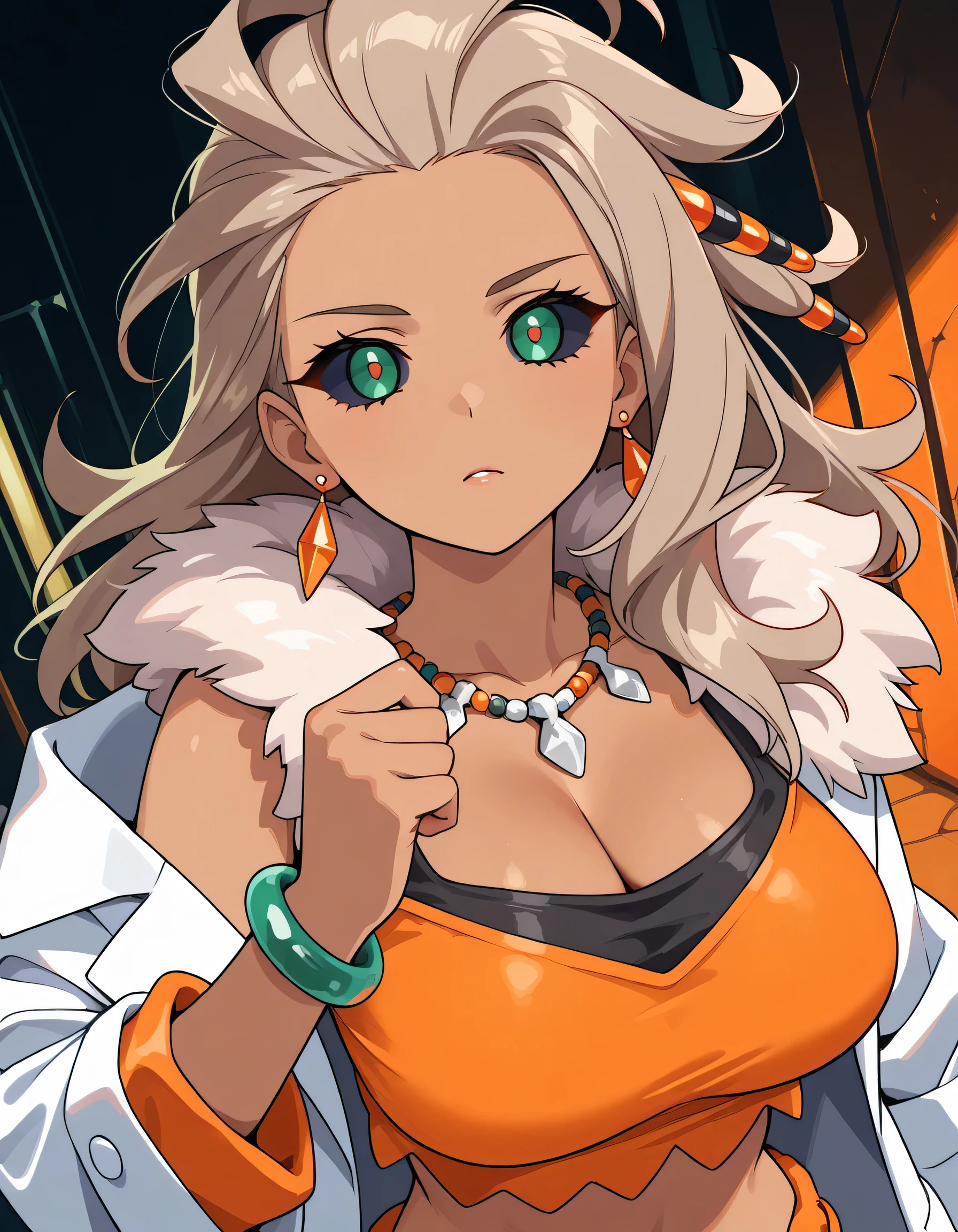 (dynamic angle),(portrait+),(looking at viewer),pmsda, dark-skinned female, long hair, light brown hair, green eyes, hair ornament, large breasts,earrings, necklace, cleavage, orange crop top, fur trim, labcoat, long sleeves, orange shorts, bracelet, necklace, cleavage, orange crop top, sleeveless, orange shorts, bracelet,FOR ROBOT EYES: dark blue sclera, cyan eyes,future labo,(ruin labo background),memorial shot+,Nostalgic scene,