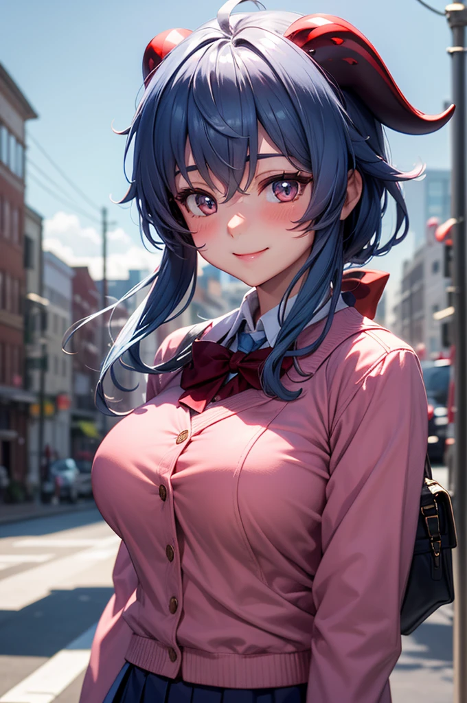 (8K, RAW photo, 最high quality, masterpiece: 1.2), High-definition RAW color photo, Professional photo shoot, cinematic light, alone, (((young woman, gal))), (Sharp features), (small face), (high detail skin: 1.2), clavicle, cute face, beautiful appearance, Clean eyelashes, (rainbow hair, blue eyes), (beautiful breasts:1.5),  (slim body shape:1.4), Very detailed face and skin texture, detailed eyes, look sideways, ((wavy hair)), thin body, ((open your mouth and smile:1.2, upward glance)), big breasts, normal hip joint, cowboy shot, dynamic angle, (((red bow tie, high school uniform:1.2, black jacket, open jacket, buttons on jacket cuffs, white shirt, Plaid skirt, seductive thighs))), at school, smooth texture, staring eyes, beautiful skin, shiny skin, perfect fingers, five fingers, anatomically correct, background bokeh, high quality, surreal, bright colors, ((very detailed, photo shoot)),