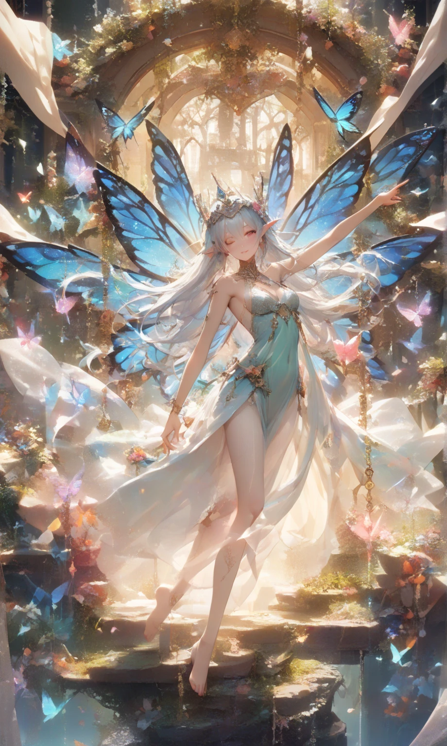 There is a woman in a blue dress sitting on the flowers, Beautiful adult fairy, fairy tale core, beautiful fairy, beautiful fairy, She has pale blue skin!!!, Stunning fairy 3d render, Astral Fairy, Elf, 蓝色Elf, Beautiful adult fairy queen, Beautiful adult book fairy, portrait of fairy, fae teenage girl, ball jointed doll