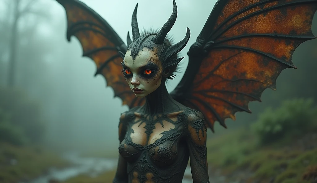 Masterpiece, best quality :1.3), ultra-detailed, intricate, 8k, HDR, wallpaper, dynamic action, colorful color scheme, ((full body, looking into the camera)), Dragon Woman, (detailed red eyes, scale-covered face, jagged mouth), dead scales, black, purple, neon green, ominous glow, glowing, ghostly fire-colored eyes, wing patterns reminiscent of interlocking computer code, bone fragments protruded from the wings, Eerie auras, glowing runes, sharp claws, spectral hues, drifting lights, mythical creatures, dragon ears