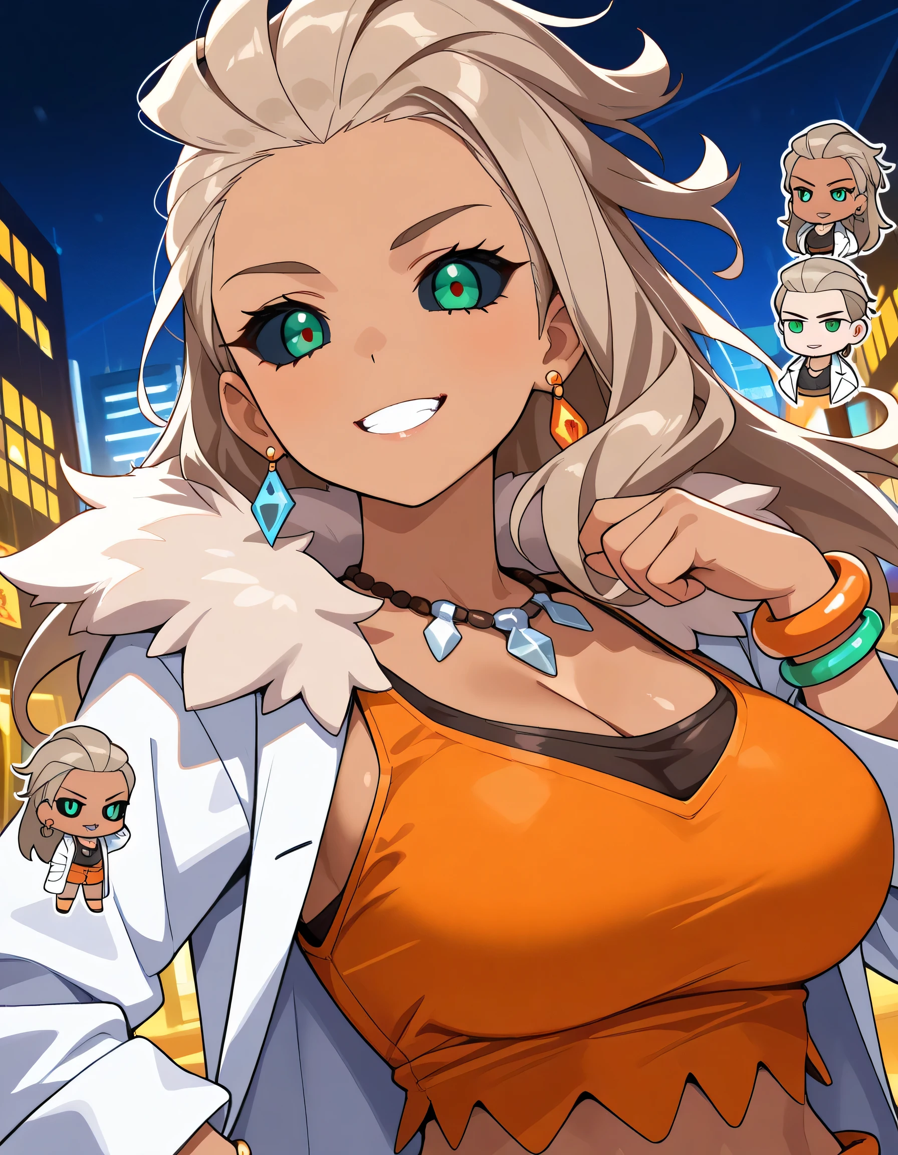 chibi,(dynamic angle),(portrait+),(looking at viewer),grin,pmsda, dark-skinned female, long hair, light brown hair, green eyes, hair ornament, large breasts,earrings, necklace, cleavage, orange crop top, fur trim, labcoat, long sleeves, orange shorts, bracelet, necklace, cleavage, orange crop top, sleeveless, orange shorts, bracelet,FOR ROBOT EYES: dark blue sclera, cyan eyes,future labo,(ruin labo background),memorial shot+,Nostalgic scene,