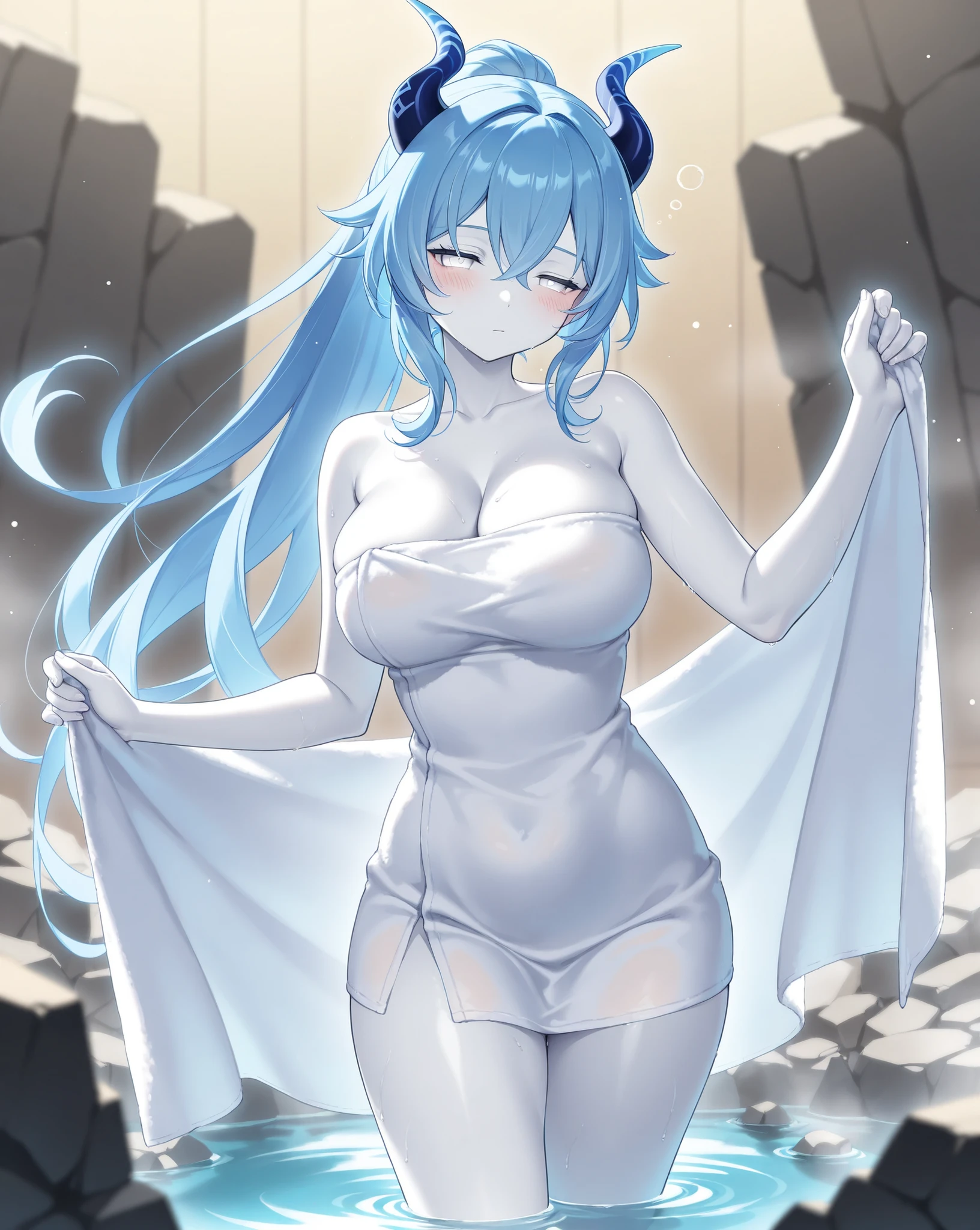 (masterpiece), best quality, (warm color:1.2), (warm lighting:1.2), full body, expressive eyes, beautiful elegant face, drunk expression, {{Ganyu:1.2}}, ((Ganyu)), blue hair, horns, red eyes, 1 girl, looking at viewer, (in bedroom), (warm skin tone), (solo, blushing), (smug expression), (sensual pose), (nude), (enormous round breasts), (small perky nipples), (muscular shoulders:1.0), (muscular arms:1.0), (hourglass figure:1.0), (fit body), (defined navel), (excessive cum all over body), (excessive cum on her breasts), (cum on her face:1.0), long thick strands of cum