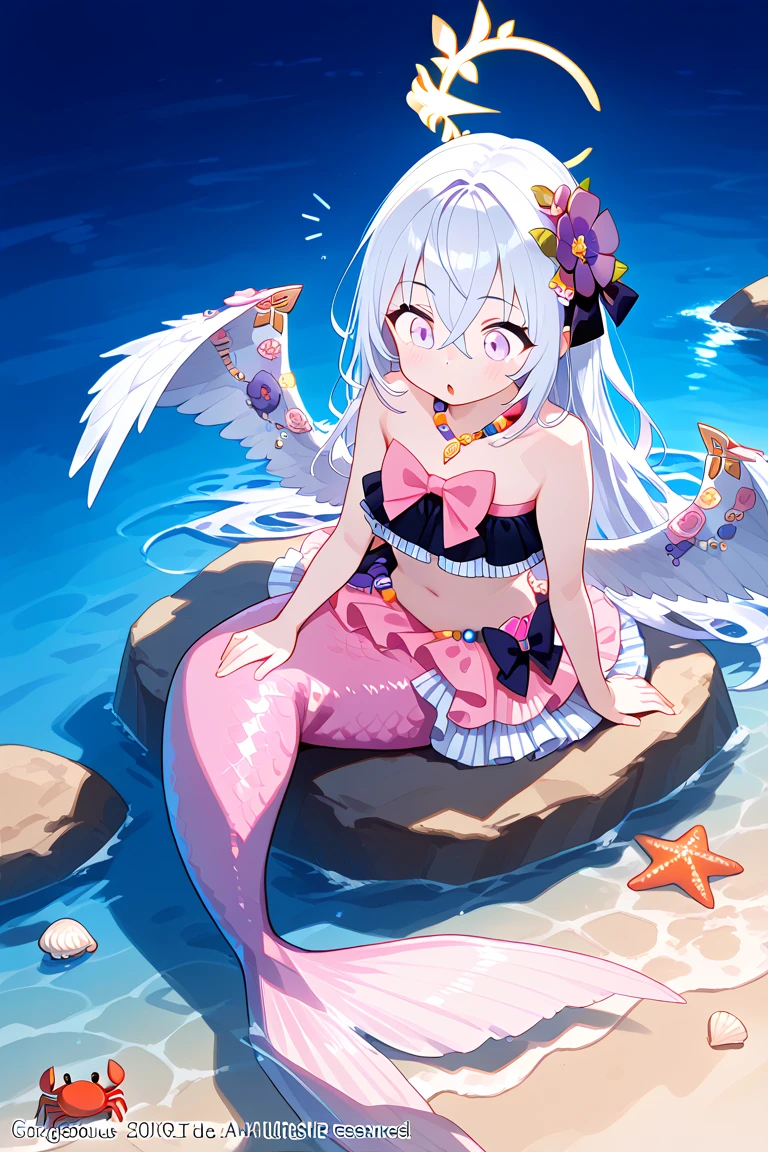 Pretty anthropomorphic girl turned into a mermaid, long fangs, is smiling, drawn in anime style, fishlike, very long curly white hair, red eyes, slim body, long mermaid tail below waistline, pelvic and dorsal fins, a pair of fish gills on her neck, seashells bra, pearl earrings and bracelets, pearl necklace, sitting on a rock, ocean surface, Highly detailed, 4K.