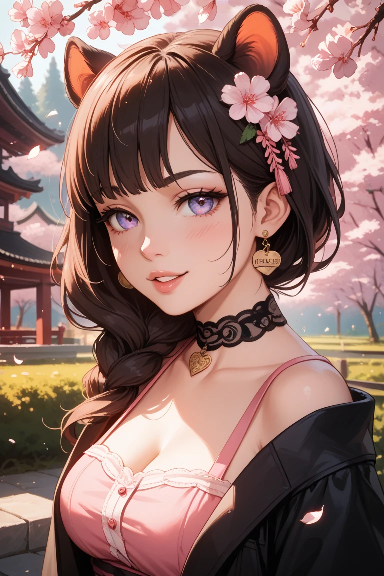 ((on the table, best quality, high resolution, north african free trade area, pixel perfect, depth of field, 4K, north african free trade area, north african free trade area))), 1 girl in, single, alone, beautiful anime girl, beautiful art style, anime characters, ((long hair, Bangs, brown hair)), ((green eyes:1.4, round eyes, beautiful eyelashes, realistic eyes)), ((Detailed face, blush:1.2)), ((smooth texture:0.75, lifelike質感:0.65, lifelike:1.1, Anime CG style)), ((medium breasts, split, plump)), dynamic angle, Perfect body, ((View, selfie pose, portrait)), ((white sweater, long sleeve, black skirt, Plaid skirt, fashionable, 1 handbag, 1 diamond necklace)), Smile, open mouth, amusement park, ((Cherry tree, Cherry blossoms fall))