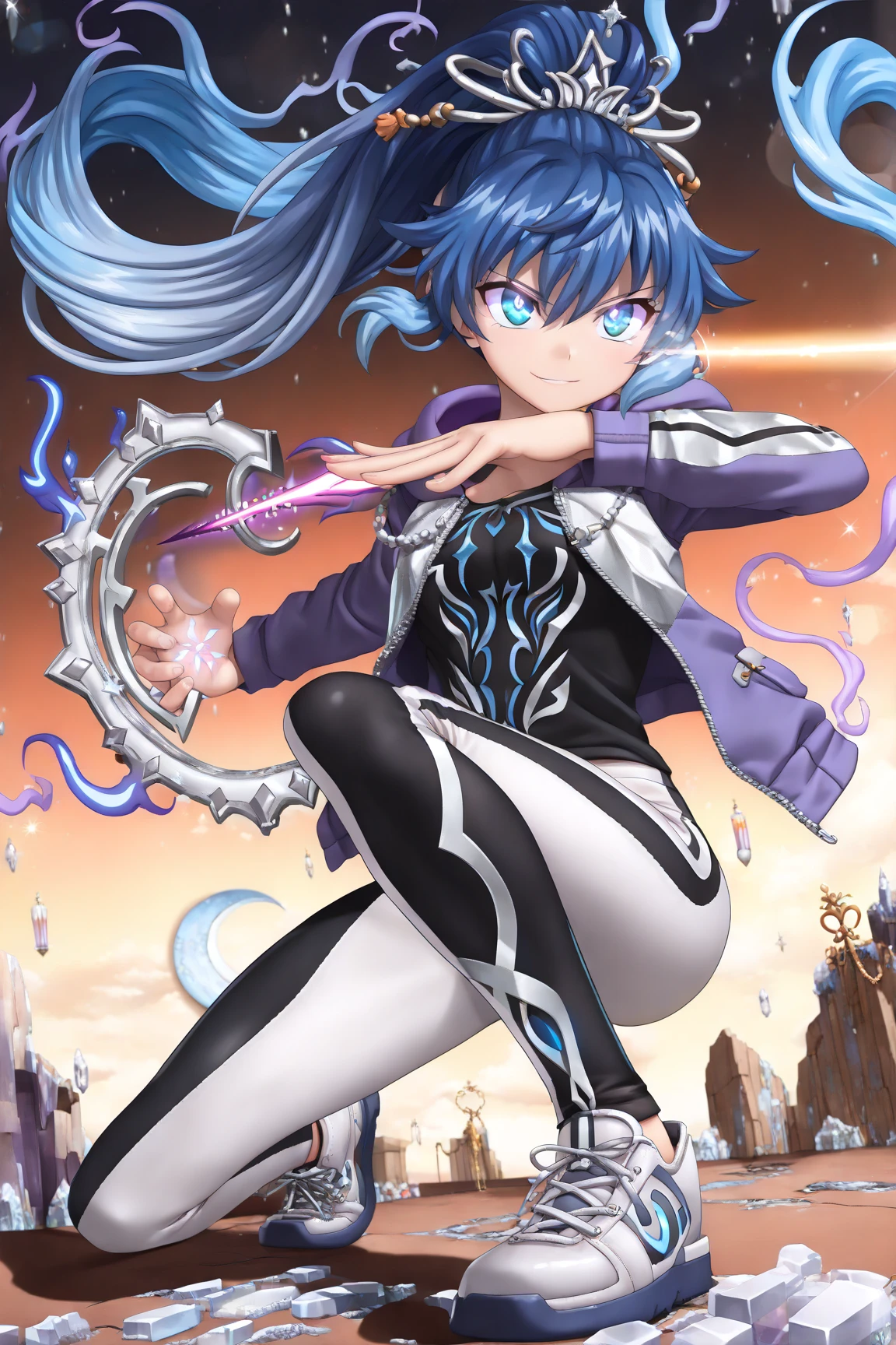 there is a cartoon image of a woman holding a sword, wielding a magical sword, brandishing powerful sword, brandishing cosmic weapon, dramatic wielding sword pose, [ digital art ]!!, brandishing futuristic sword, brandishing a powerful sword, magical sword, holographic blade!, digital art!!, dual wielding two magical swords, with large sword