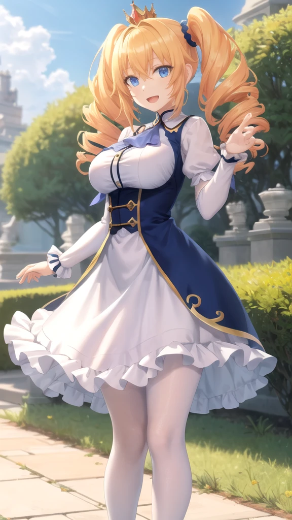 2D, masterpiece, Highest quality, anime, Highly detailed face, Highly detailed eyes, Perfect lighting, whole body, One girl, alone, Nene_formal, Double Bang, Both sides up, corset, Cleavage cutout, Orange Skirt, Layered skirt, Multicolored ribbons, White socks, Dynamic pose, smile,white back ground,standing