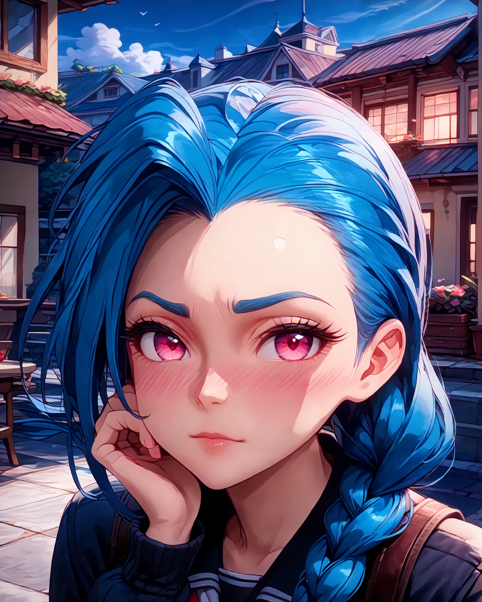 Close-up, Near distance, Score_9, Score_8_up, Score_7_up, Score_6_up, Score_5_up, Score_4_up, Tag1, Tag2, Quality_masterpiece, Absurd res, Anatomically correct, Beautiful face, Perfect face, Highly detailed beautiful face and eyes, Attractive face, Detailed face, Delicate facial features,high detail face, Detailed skin, hyper realistic ,high definition detail, Amazing work , wallpaper, screencap, masterpiece, high resolution, best quality ,8k ( Jinx from league ) (Blue Hair) (Black clothes) (pink eyes) (long hair) (school girl uniform) braided hair, 1girl, look at you, look of disinterest, room, rooftop, midnight, , blushing, ebarrasing, alone, high purity eyes, concentrated , look of disinterest, thinking, look at you, mature, look of empowerment, (love blush:1.5) half closed eyes, serious, stroking with her own hair, full body

