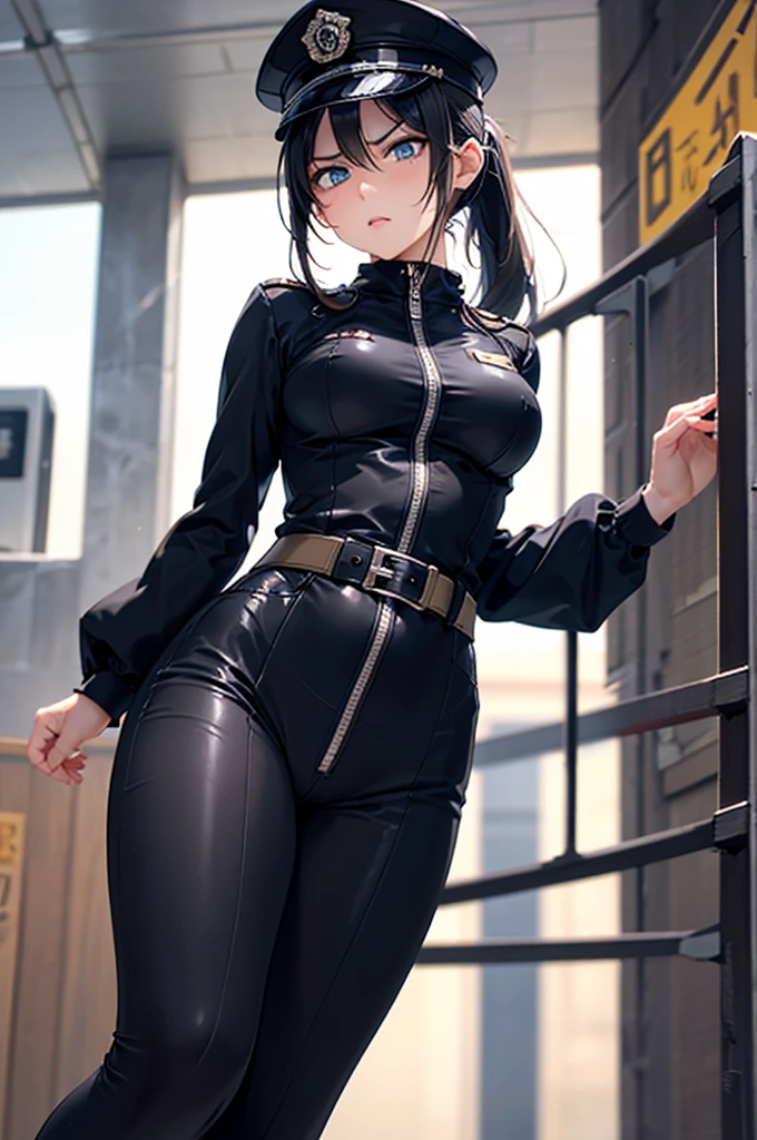 (((muscular))) 1 girl thick thighs thin waist perky breasts pale skin black hair long hair yellow eyes toned body tight dress angry