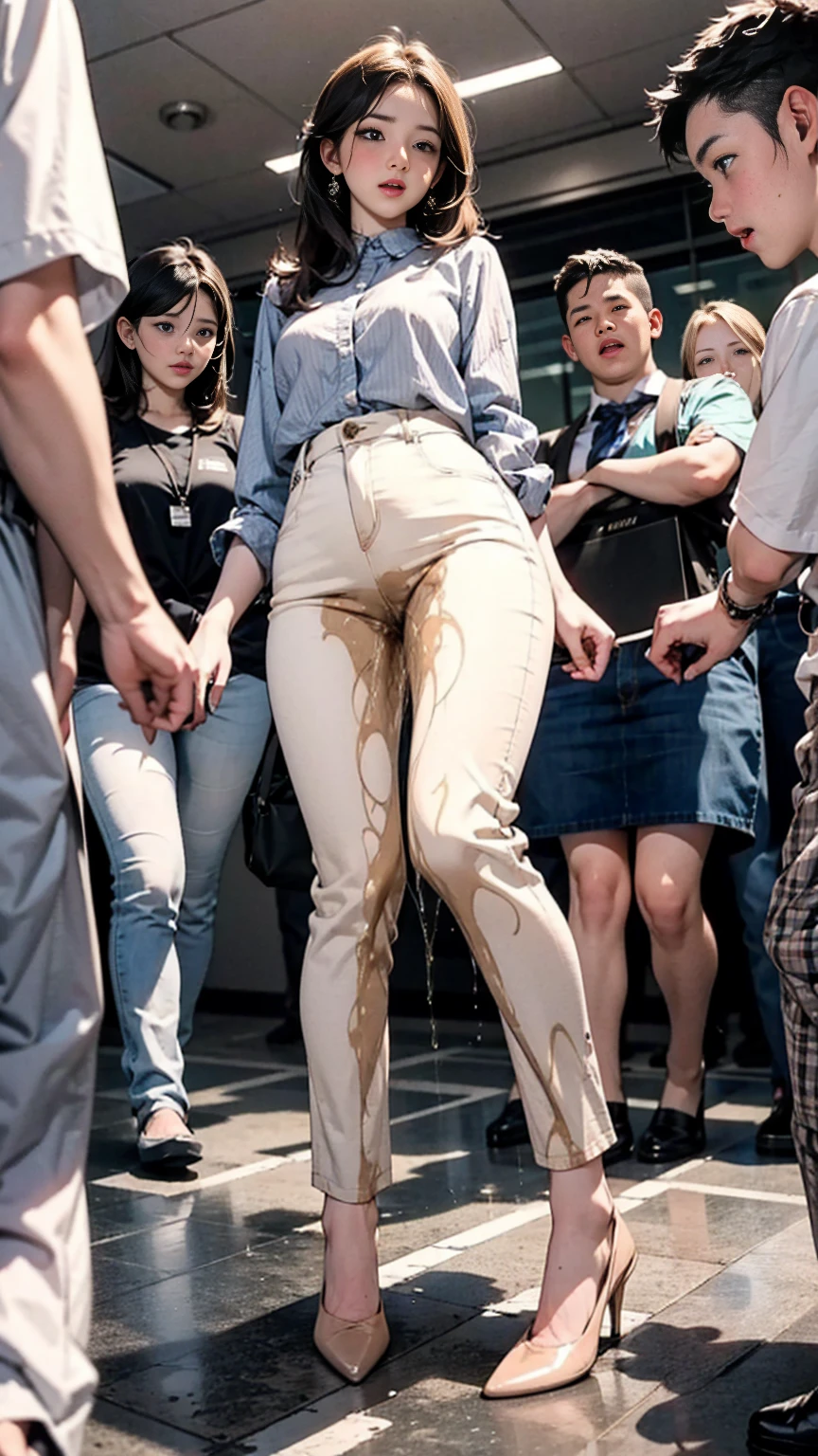 tall blonde, white business pants, heels, ((pee stain)), show heels, ((rear view))