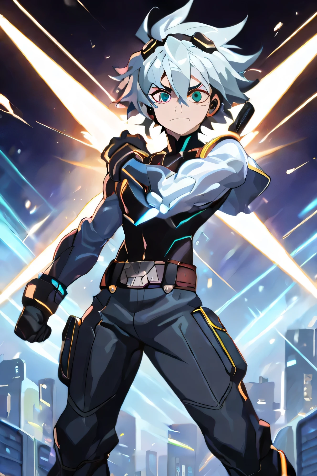 *dark and shiny elements:
* hair: Silver white and long, collected in a small ponytail.
* eyes: One of them is red, while the other is green, suggesting some kind of special ability or power.
* fur: pale, details, which accentuate the contrast with his hair and eyes.
* shirt: Black with shiny cyan details, that form geometric patterns.
* pants: white, tight at the waist and loose on the legs, with additional straps and pockets.
* boots: Black and tall, with shiny details of the same cyan color as the shirt.
* Bracelets and Gloves : They combine brown leather with shiny, and they seem to have some kind of technological function.
* belt: With a striking buckle and a cover for some type of weapon or tool.
In general, the character transmits a sense of strength, Agility and determination. His outfit suggests that he is ready for action and that he possesses special abilities.
Additional details that you can consider:
* style: The character's style could be described as cyberpunk or futuristic, with a mix of technological and aesthetic elements.
* COLORS: The combination of black, white and cyan it creates a striking visual contrast and suggests a complex personality.
* accessories: The bracelets, gloves and belt suggest that the character is carrying important tools or weapons.