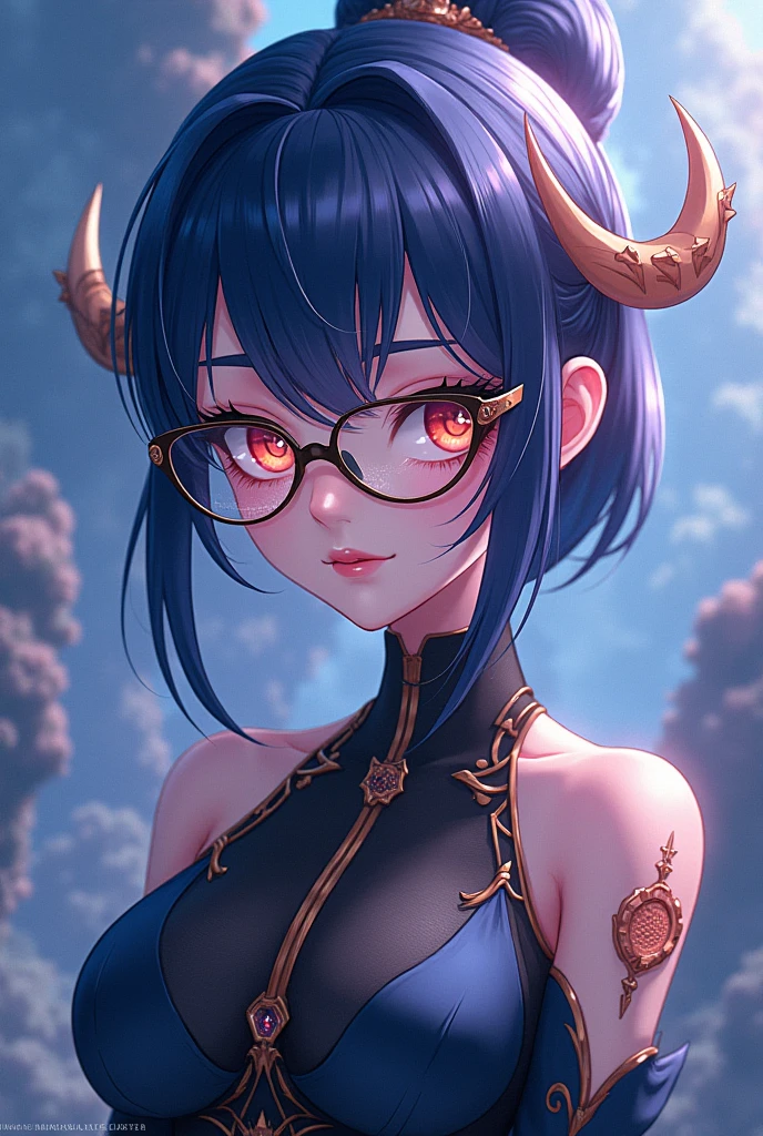 ((best quality)), ((highly detailed)), absurdres, detailed face, beautiful face, (detailed eyes, deep eyes), (1girl), (glasses), different views, dynamic pose, upper body, <lora:wrenchsweettail:1>, wrenchsweettail, (striped dress), long dress, maxi dress, off shoulder, jewelry, ribbon, (red lips), nail polish, candy cane, <lora:hairdetailer:.9>, ((blue oni, <lora:ColoredSkin:.3>, (colored skin, blue skin), (purple eyes), ((single horn, blue horn)))), skin-covered horns, short hair, white hair, large breasts, black tattoos, ((tribal tattoos:1.4)), (muscular female, abs), pelvic curtain, topless, nipples, (outside, at an active  volcano, night, night sky, stars, broken moon, telescope)
