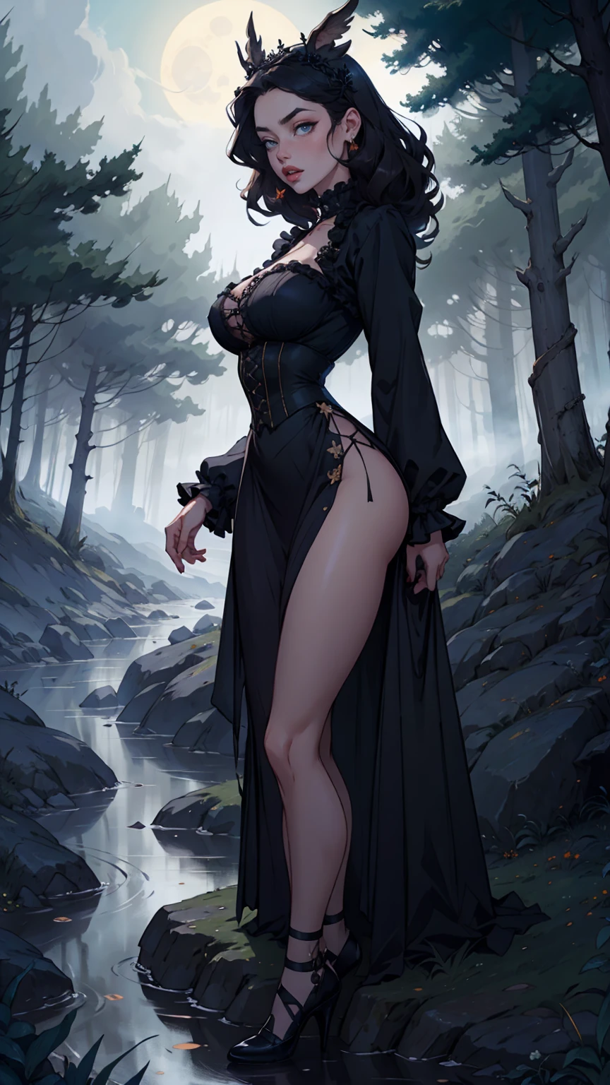 13yo , tween flat cheast, small boobs, (best quality,4k,8k,highres,masterpiece:1.2),ultra-detailed,realistic,seductive ,dark,portrait,Wednesday Addams,beautiful,detailed eyes,beautiful,detailed lips,extremely detailed eyes and face,long eyelashes,vibrant colors,gothic style,contrast,moody atmosphere,darker hues,dramatic lighting,Jenna Ortega,solo girl,dressed in black silk lingerie ,classic Addams Family look,garden background,haunted mansion,ominous clouds,foggy,whimsical setting,creepy yet captivating,spooky charm,dynamic composition, bare foot ,silk lingerie, legs thighs ,full body in frame