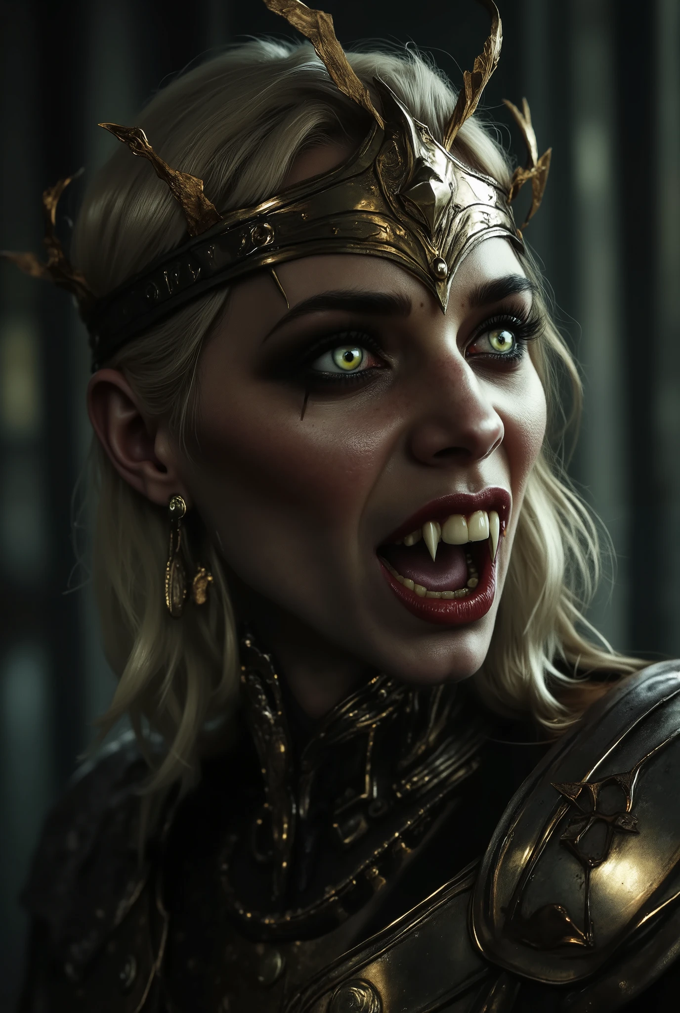 queen Vampire warrior with large pointed teeth wearing Spartan armor, com a boca aberta mostrando large, pointed teeth , large, pointed teeth , soldier, night, dancing, 8k quality, a very detailed face, cinematic