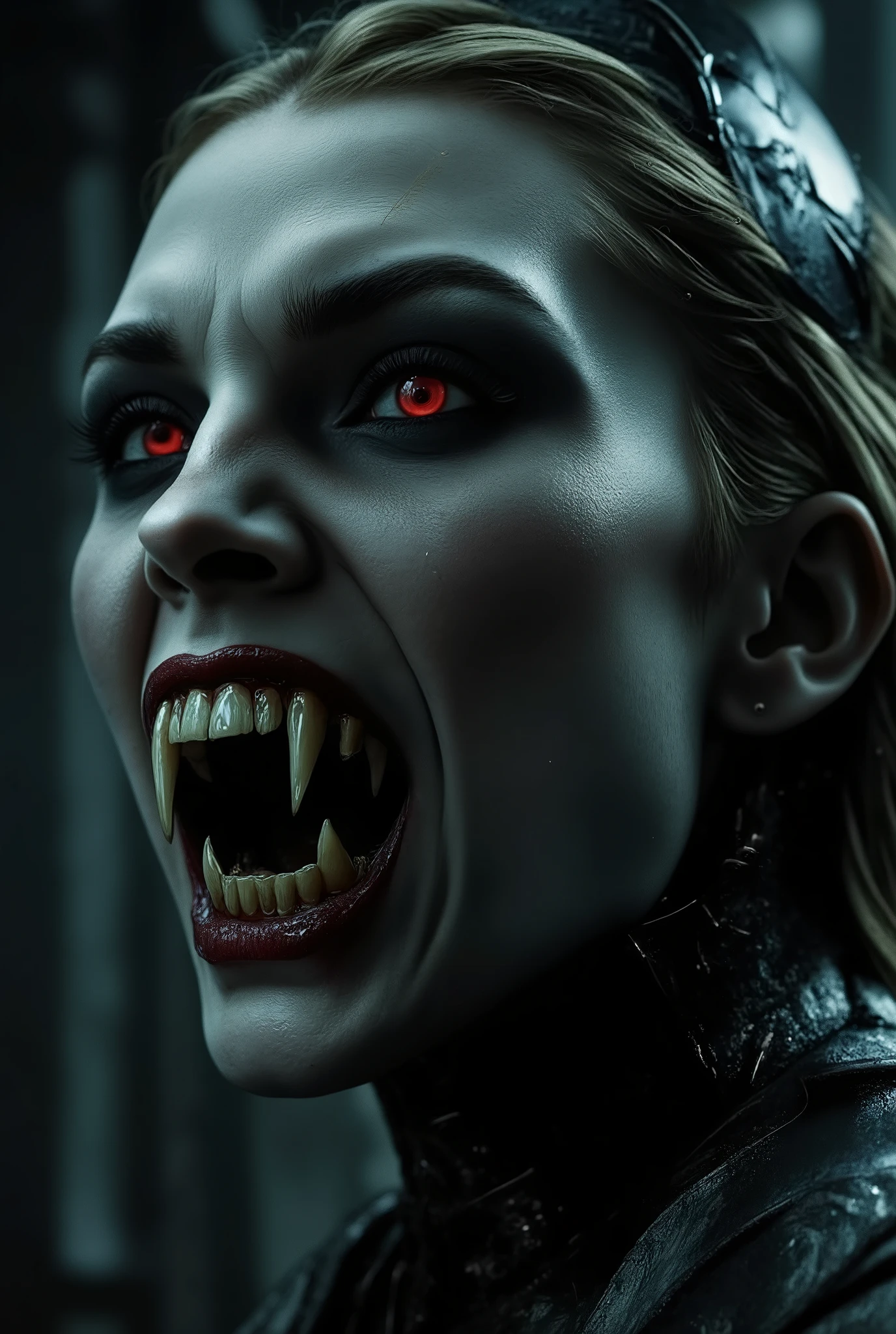 queen Vampire warrior with large pointed teeth wearing Spartan armor, com a boca aberta mostrando large, pointed teeth , large, pointed teeth , soldier, night, dancing, 8k quality, a very detailed face, cinematic
