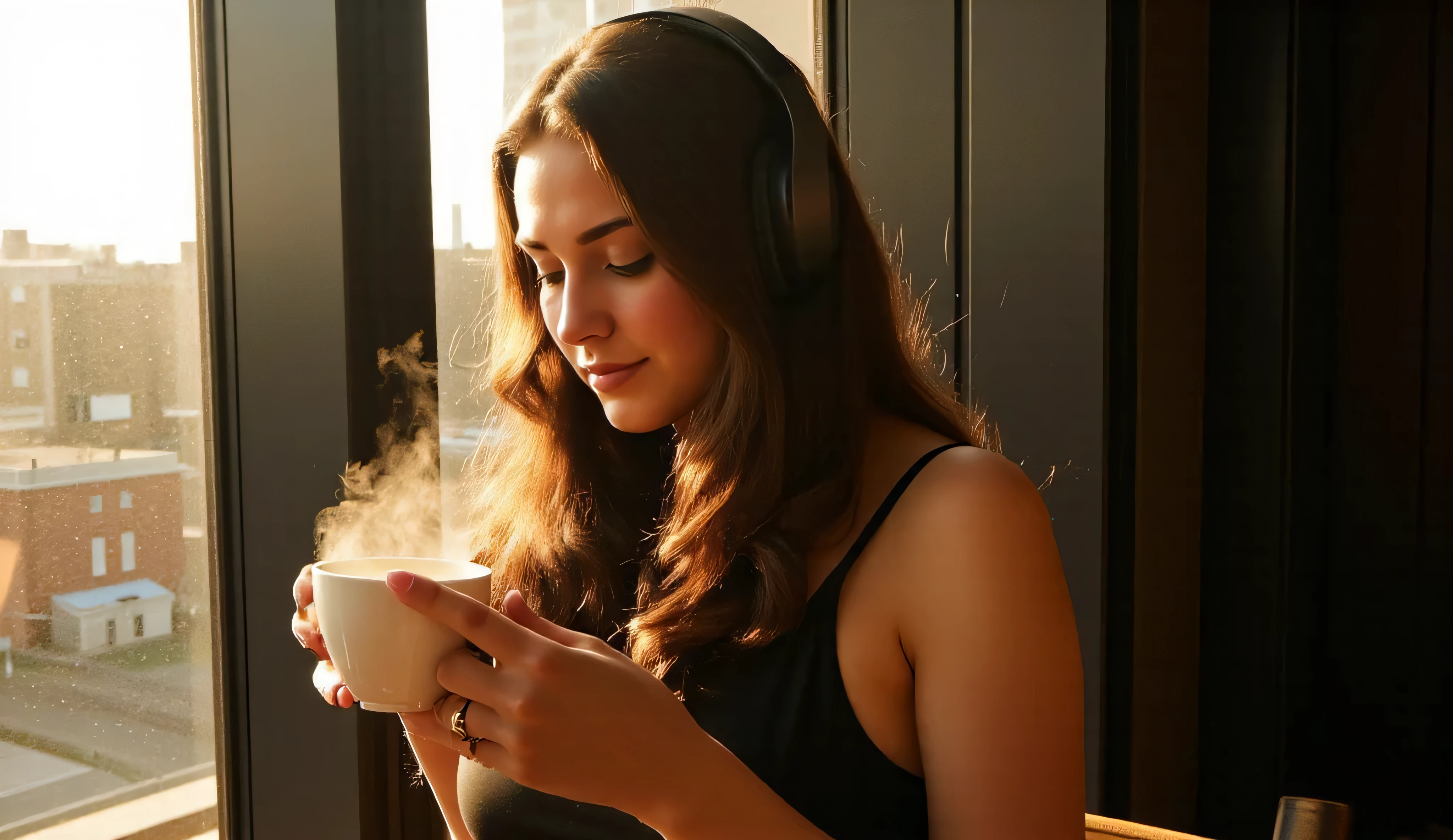 A young woman with long, wavy brown hair and fair skin, wearing stylish over-ear headphones and a sleek black dress with thin straps. She sits by a large window, positioned according to the rule of thirds, holding a steaming cup of coffee in her hands. Her eyes are closed, fully immersed in the music, with a peaceful and relaxed expression. The golden sunlight from the window highlights her hair, creating a warm glow against the dark background. Wisps of steam rise gently from the cup, adding a cozy and serene atmosphere. The scene blends modern elegance with a tranquil, intimate mood. Created using high-definition details, soft window light, cinematic contrast, and a fashion-inspired aesthetic. --ar 16:9