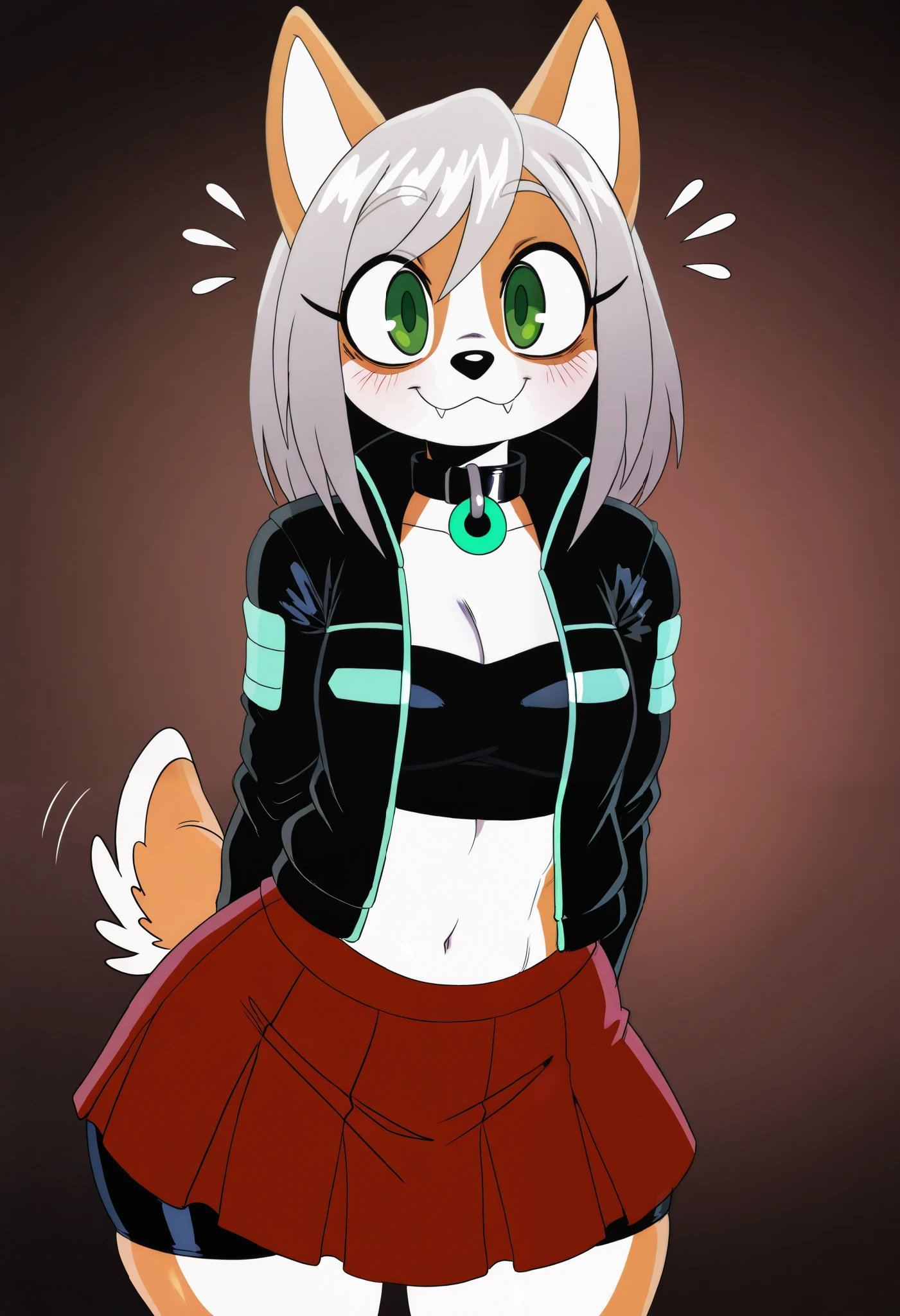 solo, masterpiece, best quality, amazing quality, very aesthetic, high resolution, ultra-detailed, absurdres, newest, (solo, adult, 2d, absurdres, best quality, uploaded on e621), by sssonic2, (waist portrait:1.2), (solo), (female), (anthro welsh corgi), (tall, brown body), straight hair, medium hair, silver hair, shy, (friendly/happy, green eyes, expressive eyes, closed smile), (visible cute fangs), (wearing a sci-fi jacket, black jacket, wearing a fancy red harem top underneath jacket), BREAK, (wearing a red skirt over fancy long black bike shorts:1.2), (beautiful, adorable, cute short corgi tail), (collar with green gem), silver thin eyebrows, simple plain background, medium breasts, [outfit can be mildly suggestive:0.4], (hands clasped behind back), mild midriff, wide hips