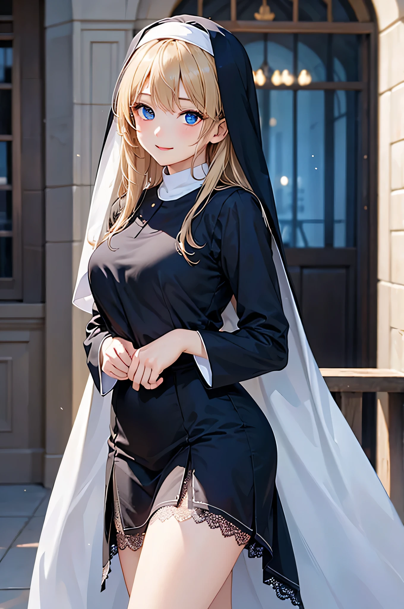 1girl, blond hair, green eyes, nun , beauty, young adult, skin tight clothes, no hood