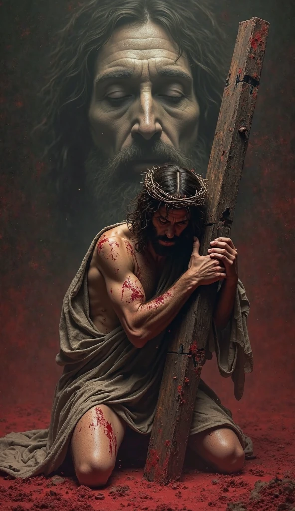 Jesus on the cross very realistic and face of pain bleeding with his crown of thorns and thunderstorm environment very realistic baroque painting style lights and shadows rembrandt painting style