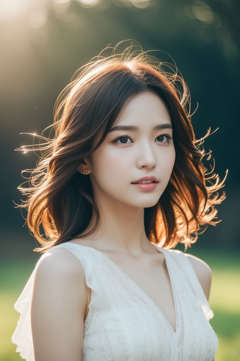 masterpiece, Best Quality, 8K, 1girl, Correct human hands, correct human fingers, Skinny Japanese woman, Cute, Girly, Delicate woman, Neat and clean beauty, small breast, very thin waist, sexy lips, luminescence, Looking away, Raw photo, F/1.8, 135 mm, CANON, Anatomically correct, bokeh，Textured skin, Professional Photography, Soft light, Professional Lighting, back light, Film grain, (Eyes and faces with detailed:1.0), brown hair, medium hair swaying in the wind, Silk Blouse,