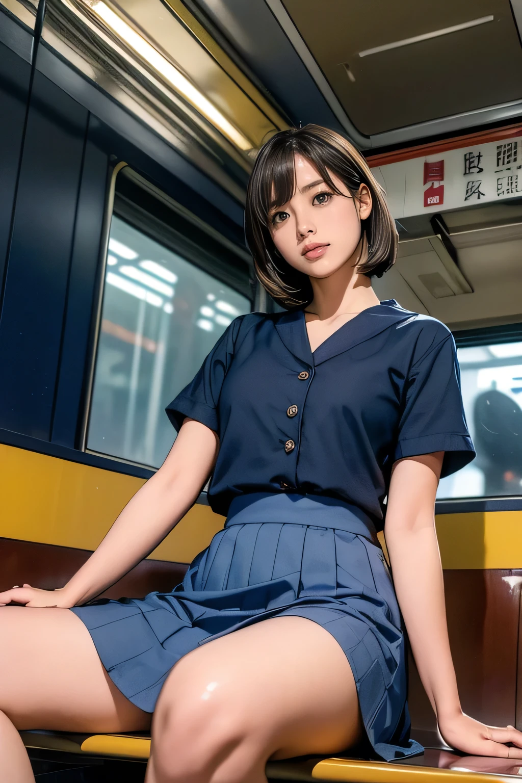(1 lady), (Best quality at best:1.4), (ultra - detailed), (extremely detailed CG unified 16k), A Beautiful Woman with Perfect Figure: 1.4, Sharp Focus: 1.2, very detailed, High-definition RAW color photo, professional photoshooting, amazing face and eyes, cosmetics, (amazingly beautiful girl), ((suzumiya haruhi)), ((kita high sch0ol uniform, blue sailor collar, blue skirt, armband, hairband, medium hair, ribbon, socks, cotton clothes)), standing, sexyposture,(Dark and stylish bar, drinks, lamp lights, lamp lights:1.3), (look from down), realistic cinematic face, head to feet long wide zoomed out view, full body long view, photorealistic, ((realistic natural brown hair style, brown eyes)), gorgeous, extremely beautiful face, perfect model beauty, pout mouth, Highly Detailed Face and Skin Texture, Detailed Eyes, Double Eyelids, Medium Breasts, smiling hard, cleavages, western, (masterpiece), best quality, high resolution, extremely detailed, blurred background, depth of field, cinematic lighting, amazing legs, high heels, clear and well-cared skin, drinking red wine