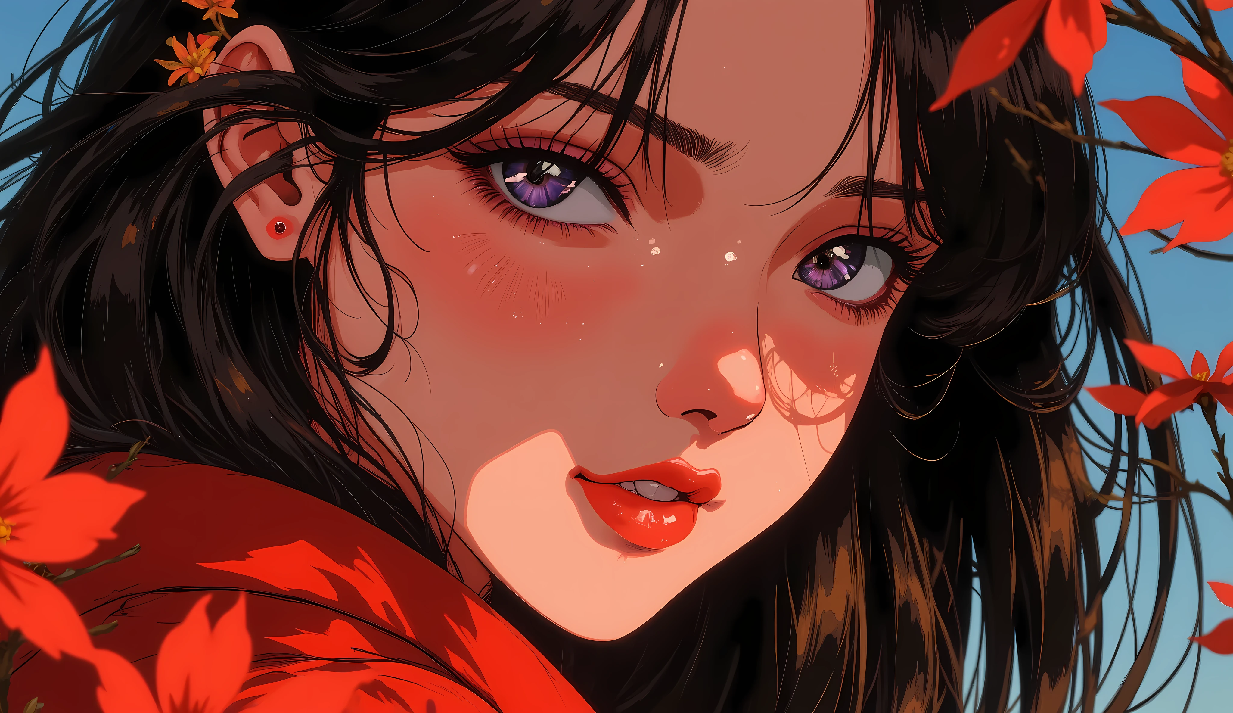 (( RAW photo), absurd, (absurd resolution)), masterpiece, best quality, (Extremely detailed 8k unity CG wallpaper), (best illustration), ( best shade), Realistic lighting, skin complexion detailed and beautiful shine, (( 21 years old)), chica, Long hair, flores, red lipstick, (((Photographic perspective of her)))