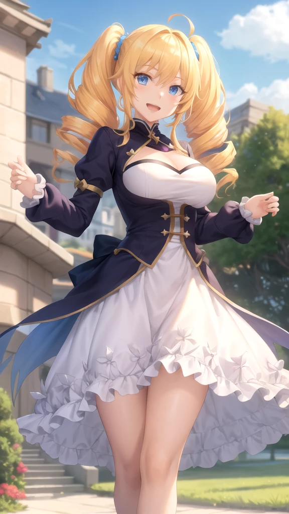 1girl, bangs, bare shoulders, blonde hair, blue eyes, blue flower, white shorts,(blue top), blue rose, beach background, ocean, bow, breasts, cloud, cloudy sky, sunset, twilight, detached sleeves, flower, hair bow, jean_\(genshin_impact\), large breasts,cleavage,smile,blush, outdoors,(thick thighs), large hips, hourglass body, rose, sky, solo,(hands on hips), walking,full body,((tall)),(from below),((shadowed))