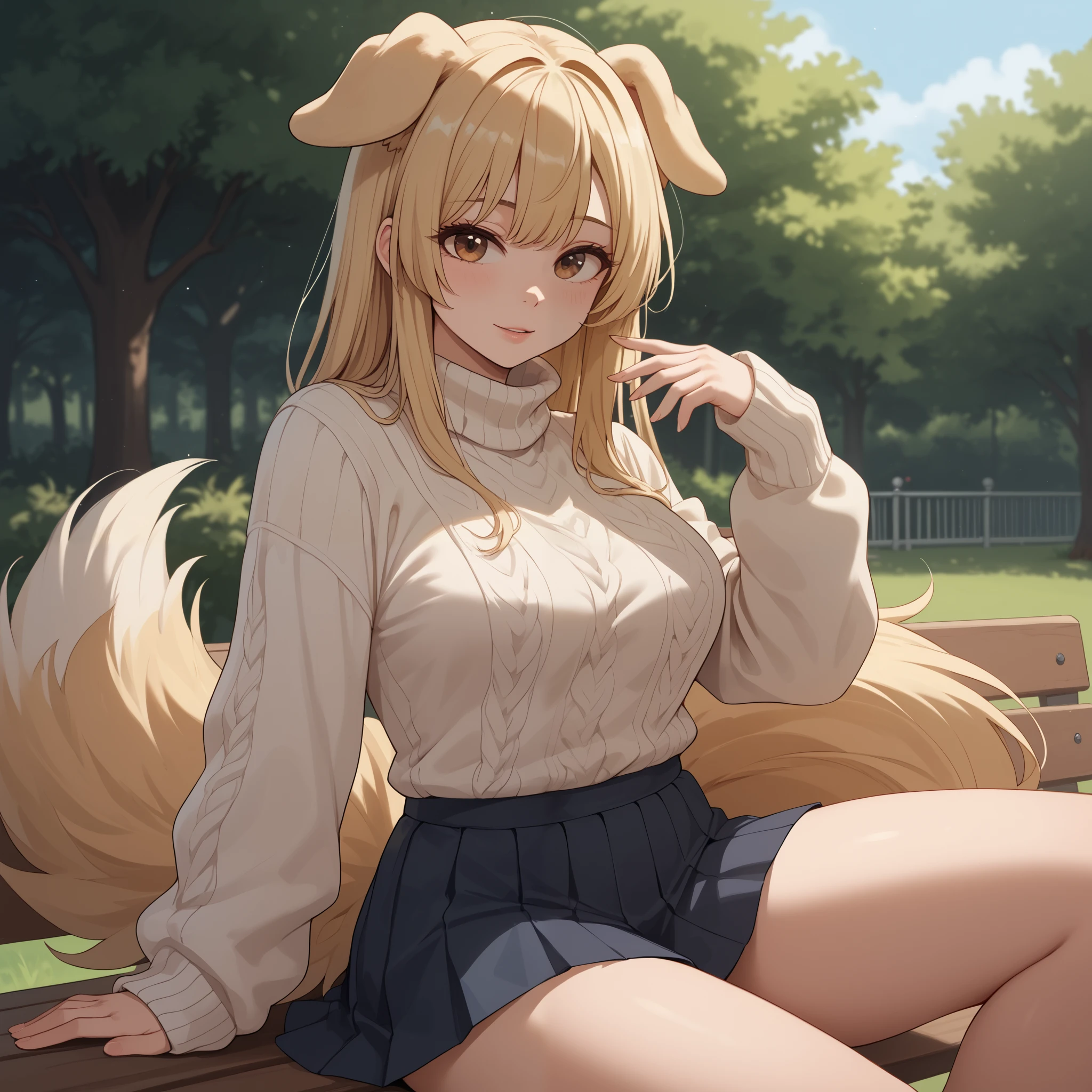 (Masterpiece) (High Detail) (High Res) A short curvy slim Humanoid canine female with pale human skin and brown eyes and long blonde straight hair and fluffy blonde floppy doggy canine ears and a long fluffy blonde doggy canine tail and medium breasts. She is wearing an oversized sweater and pleated skirt. She is sat on a park bench and is leaning back and looking cheerful.
