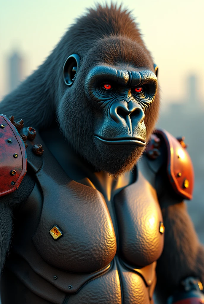 ぐーサインをするイケイケゴリラ: "Draw a lifelike, realistic image of a gorilla wearing mirrored sunglasses, flashing a confident thumbs-up. The gorilla's expression is cool and collected, with a slight smirk on its face. It’s wearing a fitted T-shirt that highlights its muscular build. The background is a trendy rooftop bar at sunset, with a city skyline in the distance, adding to the sophisticated yet relaxed vibe."