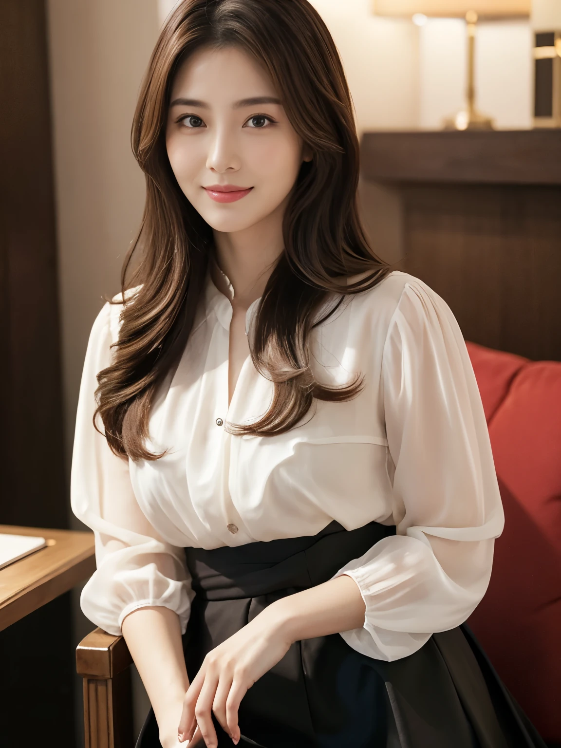 (Raw Photo), (Photorealsitic), (Masterpiece), (Best Quality), High Resolution, 8K, (Intricate Details), (Voluminous Light), Portrait, Female, (50 Years Old), Medium Straight Hair, Layered hair, brown hair, very fine eyes, source order, very fine eyebrows, very fine skin, very fine mouth, very fine nose, like an idol, happy smile, (thick lips), (looking at the viewer), (elegant vivid vermilion blouse, black skirt), waist shot, (Random body orientation),
