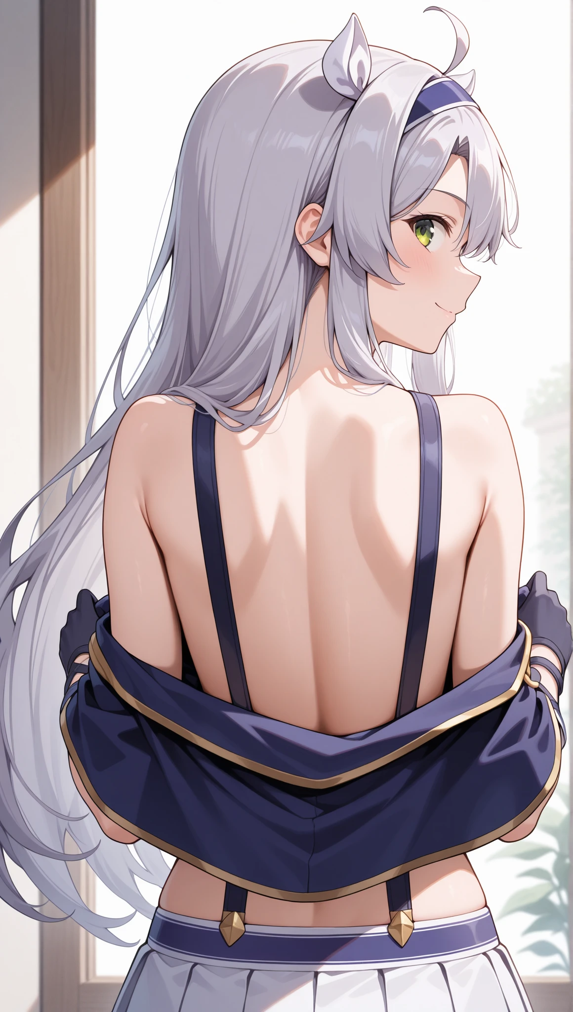 ((Masterpiece)), best quality, absurderes, ultra detailed, holographic, cowboy shot, golden ratio, leaning forward, showing cleavage, holding , super cute girl, mature girl, idol girl, super beautiful asian girl, Emilia re:zero, purple eyes, Emilia, crown braid, x hair ornament, flower hair ornament, white hair, very long hair, medium breasts, high ponytail, nice and sexy body, slim body, perfect body, an anime printed super tight off shoulder long sleeve crop top, a super aesthetic transparent mini jacket, beautiful hair ornament, lavender jordan tennis, being photographed in a mall shop,( undressing, showing lavender panties, showing thong: 1.5)