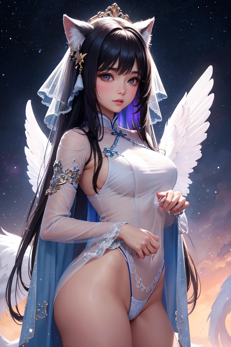 8K、Ultra HD、anime、(A very beautiful female character with beautiful features)、((Beautiful clear blue eyes))、Beautiful long hair、Messy bangs、Beautiful and well-proportioned depiction of the whole body、(((Beautiful long thin fingers)))、(((Prayer Pose)))、((Wearing a pale blue, shiny, sheer outfit))、((Aries Background))、((Facing forward))、(((I'm directing my gaze here)))、