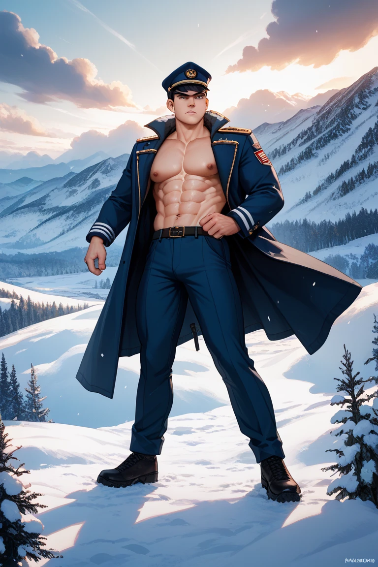 1 stocky, shirtless Russian gay man standing with his legs and thighs open and spread out in the snow with a wide snowfield landscape , 1 man only, sem outras pessoas, blocos de gelo e icelake e cena de neve, he is wearing white fur gloves, fur wool hat to cover snow , bigode, facial hair, White transparent thong bikini highlighting large bulge and large butts, wearing long shiny knee-length leather boots and their fur lining, garter straps, Harness strap around your torso , bijuterias de mamilo, masculino e encorpado, not shirt, Beautiful face with detailed facial features, sem camisa e sem usar nada, anatomia masculina correta e precisa, grande grande rosa ereto , Tiro de corpo inteiro, Pecs grandes, big arms, Glowing, oily muscles and skin, white flawless skin, master part, disparo e retoque profissional de DSLR, illustration art, Sombra, destacar, agudeza, profundidade de campo, sobremesa e ambiente de campo de neve russo, sexy, hot gay erotic illustration art, sexy e quente