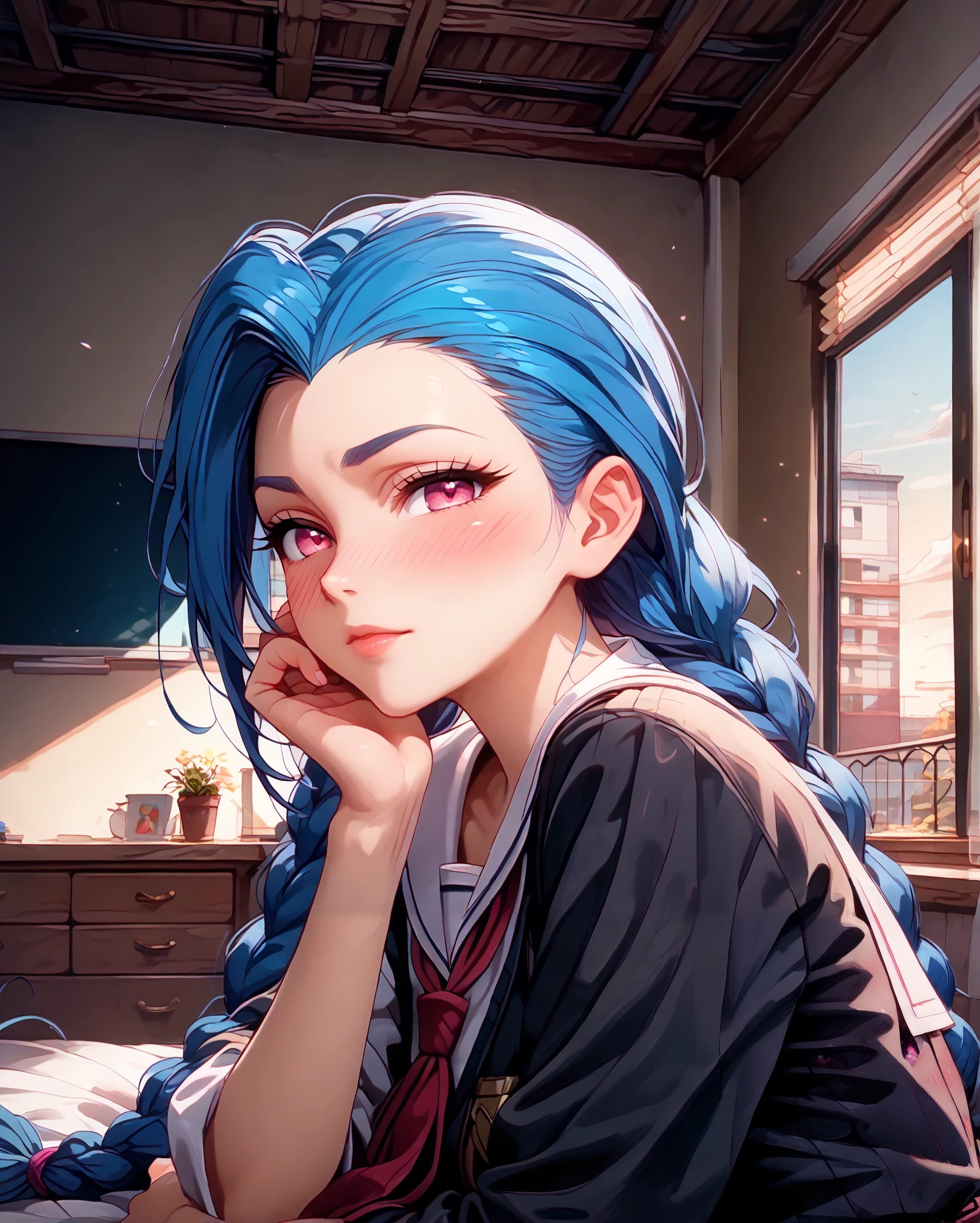 Close-up, Near distance, Score_9, Score_8_up, Score_7_up, Score_6_up, Score_5_up, Score_4_up, Tag1, Tag2, Quality_masterpiece, Absurd res, Anatomically correct, Beautiful face, Perfect face, Highly detailed beautiful face and eyes, Attractive face, Detailed face, Delicate facial features,high detail face, Detailed skin, hyper realistic ,high definition detail, Amazing work , wallpaper, screencap, masterpiece, high resolution, best quality ,8k ( Jinx from league ) (Blue Hair) (Black clothes) (pink eyes) (long hair) (school girl uniform) braided hair, 1girl, look at you, look of disinterest, room, rooftop, midnight, , blushing, ebarrasing, alone, high purity eyes, concentrated , look of disinterest, thinking, look at you, mature, look of empowerment, (love blush:1.5) half closed eyes, serious, stroking with her own hair, full body,2 arms, 2 fingers