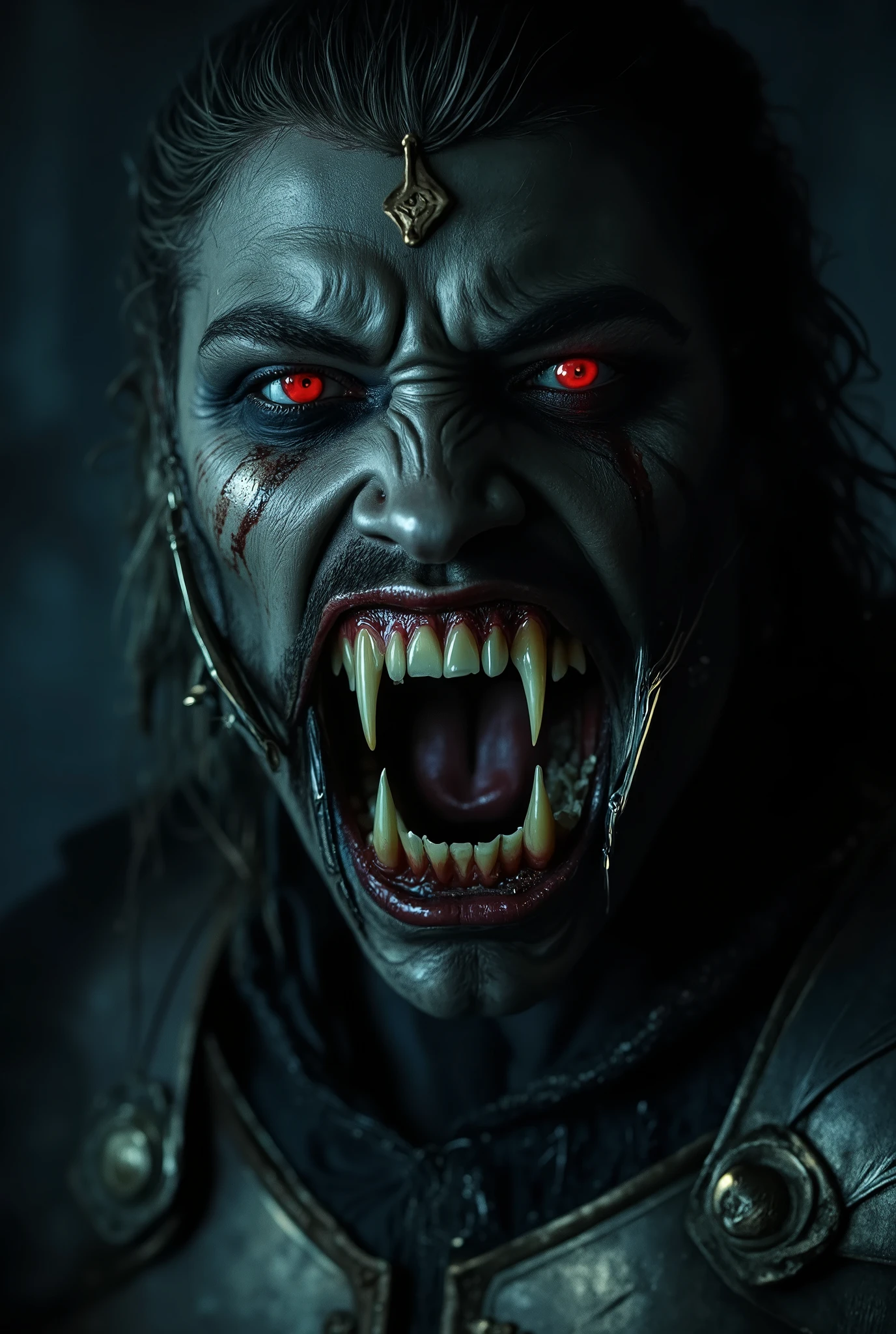 Vampire warrior king with large pointed teeth wearing Spartan armor, com a boca aberta mostrando large, pointed teeth , large, pointed teeth , soldier, night, dancing, 8k quality, a very detailed face, cinematic