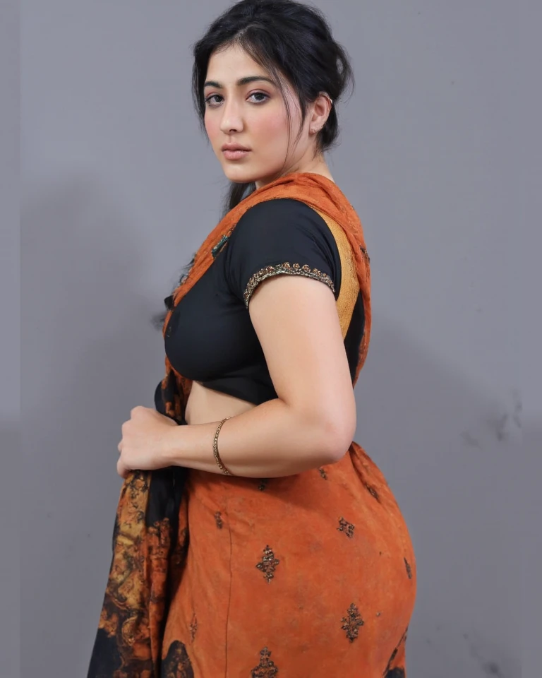 30 year old plump indian women with big brown eyes, full red lips, maroon saree and black blouse,embroidery,showing her perfect back to camera in saree,saree below her waist