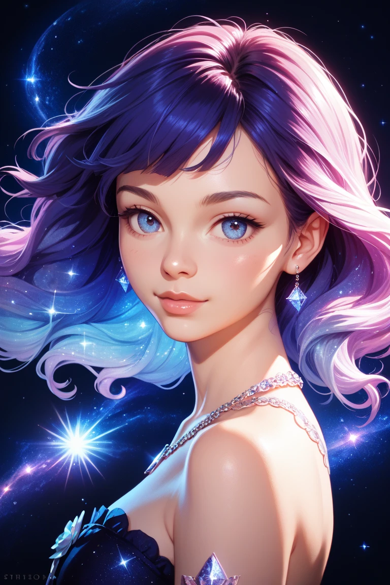 draw a girl with galactic hair, cute, charming, ultarealistic, loving, European, fair skin, masterpiece, star eyes, upper body, small breasts, white clothing, gold accessories