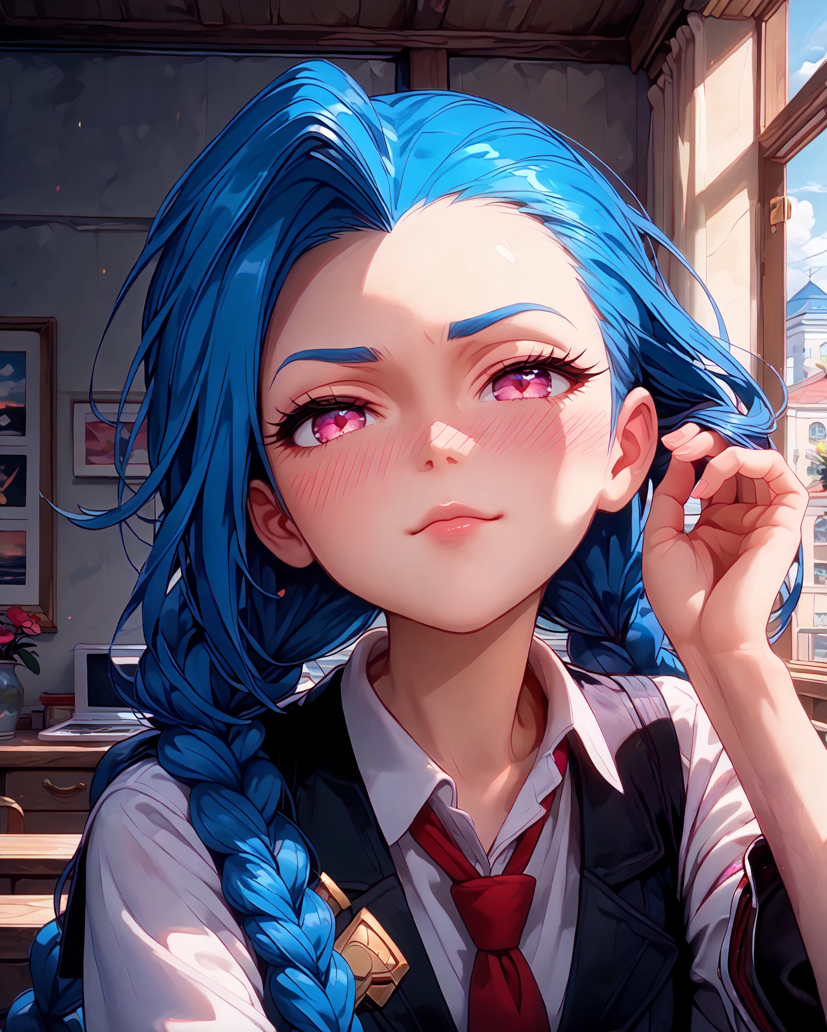 Close-up, Near distance, Score_9, Score_8_up, Score_7_up, Score_6_up, Score_5_up, Score_4_up, Tag1, Tag2, Quality_masterpiece, Absurd res, Anatomically correct, Beautiful face, Perfect face, Highly detailed beautiful face and eyes, Attractive face, Detailed face, Delicate facial features,high detail face, Detailed skin, hyper realistic ,high definition detail, Amazing work , wallpaper, screencap, masterpiece, high resolution, best quality ,8k ( Jinx from league ) (Blue Hair) (Black clothes) (pink eyes) (long hair) (school girl uniform) braided hair, 1girl, look at you, look of disinterest, room, rooftop, midnight, , blushing, ebarrasing, alone, high purity eyes, concentrated , look of disinterest, thinking, look at you, mature, look of empowerment, (love blush:1.5) half closed eyes, serious, stroking with her own hair, full body,2 arms, 2 fingers
