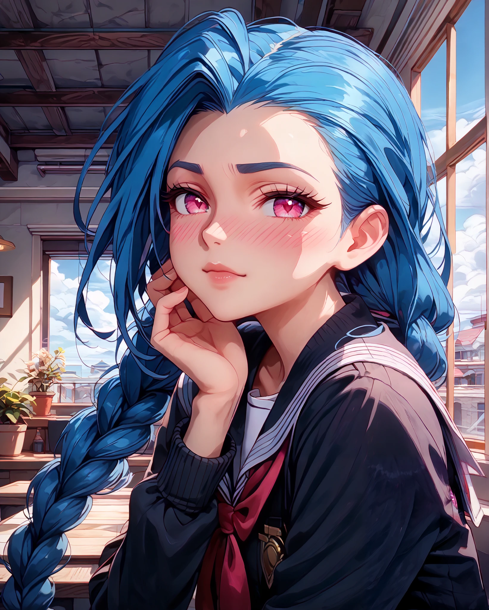 Close-up, Near distance, Score_9, Score_8_up, Score_7_up, Score_6_up, Score_5_up, Score_4_up, Tag1, Tag2, Quality_masterpiece, Absurd res, Anatomically correct, Beautiful face, Perfect face, Highly detailed beautiful face and eyes, Attractive face, Detailed face, Delicate facial features,high detail face, Detailed skin, hyper realistic ,high definition detail, Amazing work , wallpaper, screencap, masterpiece, high resolution, best quality ,8k ( Jinx from league ) (Blue Hair) (Black clothes) (pink eyes) (long hair) (school girl uniform) braided hair, 1girl, look at you, look of disinterest, room, rooftop, midnight, , blushing, ebarrasing, alone, high purity eyes, concentrated , look of disinterest, thinking, look at you, mature, look of empowerment, (love blush:1.5) half closed eyes, serious, stroking with her own hair, full body,2 arms, 2 fingers
