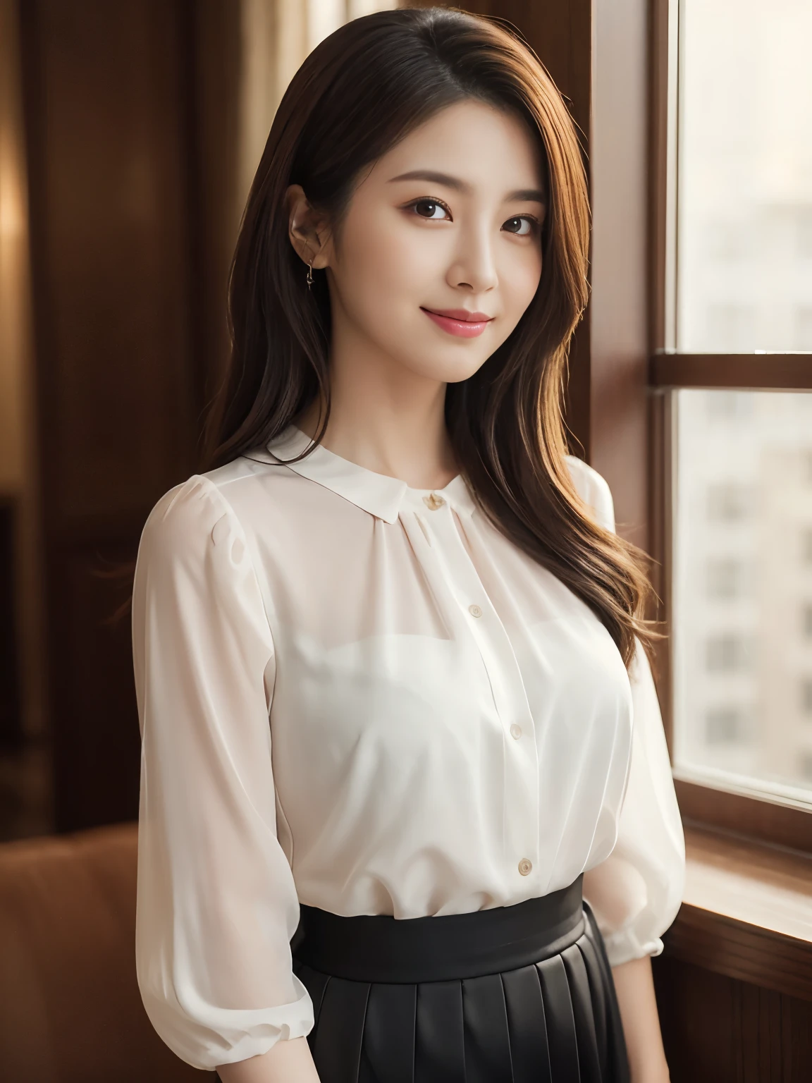 (RAW Photos), (Realistic), (masterpiece), (highest quality), High resolution, 8k, (Intricate details), (Volumetric Light), Portraiture, woman, Age 25, Medium Hair, Straight hair, Medium Chest, Layered Hair, Brown Hair, Very beautiful eyes, Source order, Very thin eyebrows, Very fine skin, Very beautiful mouth, Very nice nose, Cute like an idol, smile, (Thick lips), (Looking at the audience), (See-through pearl white collar dress shirt), Above the knee shot