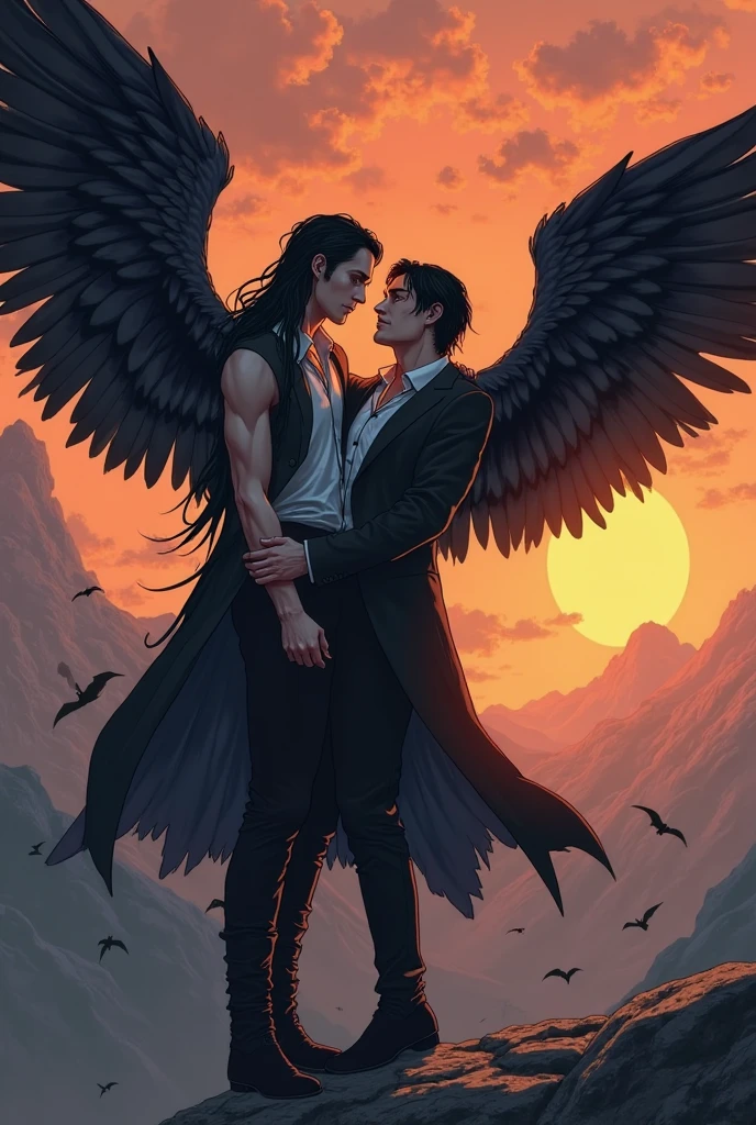 there are two men that are kissing in front of a moon, cinematic film still, shutterstock, film grain, ultra-photorealistic, eros and thanatos, muscular men romantically together, two muscular men embracing in each other arms, muscular male incubus with dark red horns, celestial god-like male angel with breathtaking angel wings, beautiful contrasting, intricate details, good and evil, demon versus angel, good and evil, romance novel cover, homoerotic, gay love, dark romantic fantasy, twilight atmospheric glow