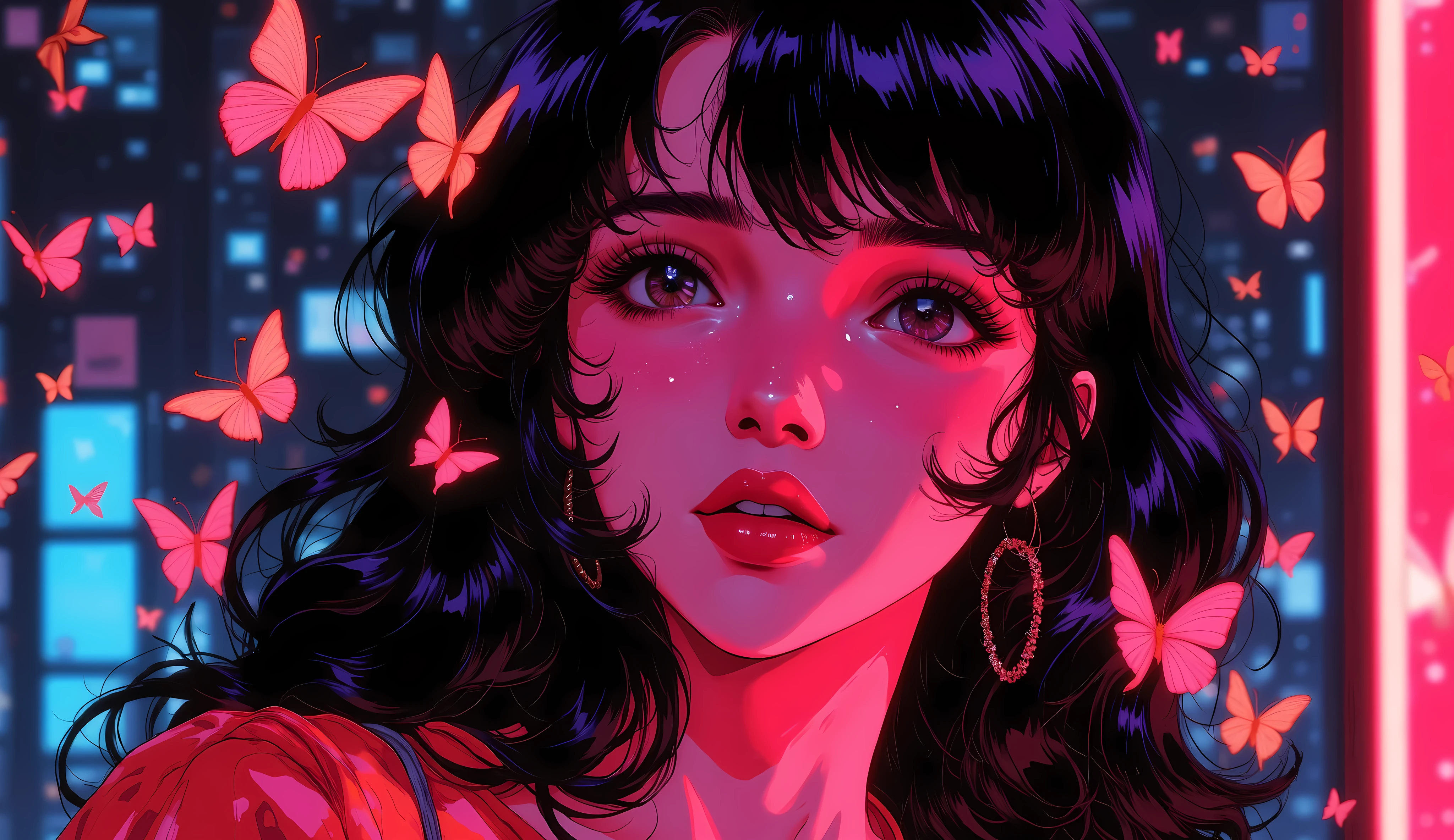 (( RAW photo), absurd, (absurd resolution)), masterpiece, best quality, (Extremely detailed 8k unity CG wallpaper), (best illustration), ( best shade), Realistic lighting, skin complexion detailed and beautiful shine, (( 21 years old)), chica, Long hair, mariposas de neon, red lipstick, (((Photographic perspective of her)))
